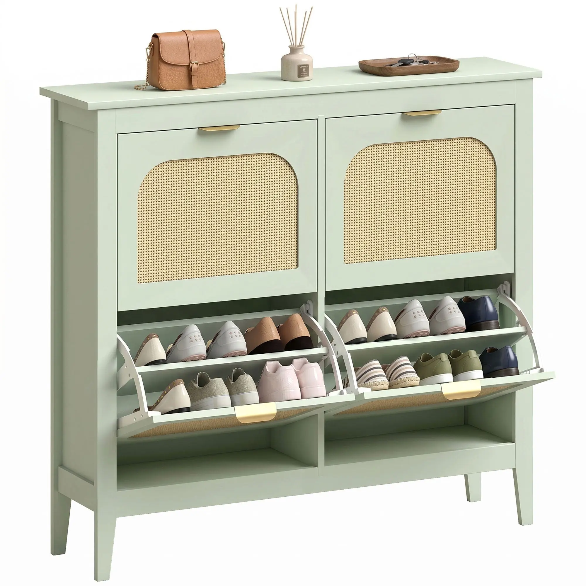 Slim Shoe Storage Cabinet with 4 Flip Drawers & Rattan Doors for Entryway, Holds 20 Pairs, Light Green