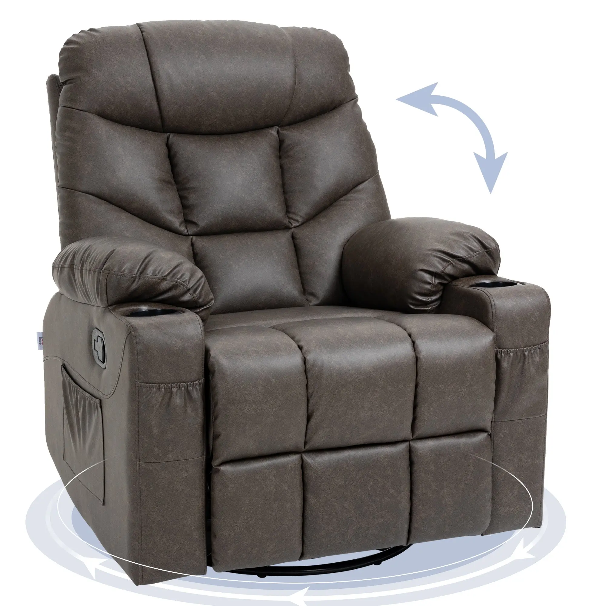 Swivel PU Leather Manual Reclining Chair with Adjustable Footrest, Drink Holders, Dark Brown