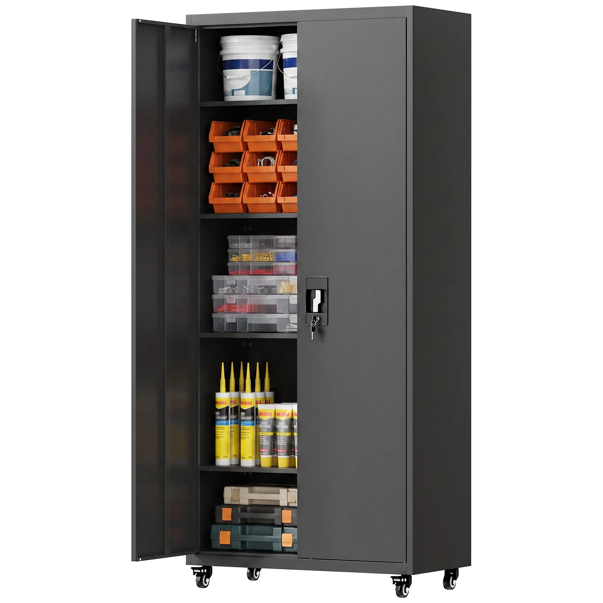 71" Tall Lockable Steel Tool Cabinet with Wheels, Adjustable Shelves, Black