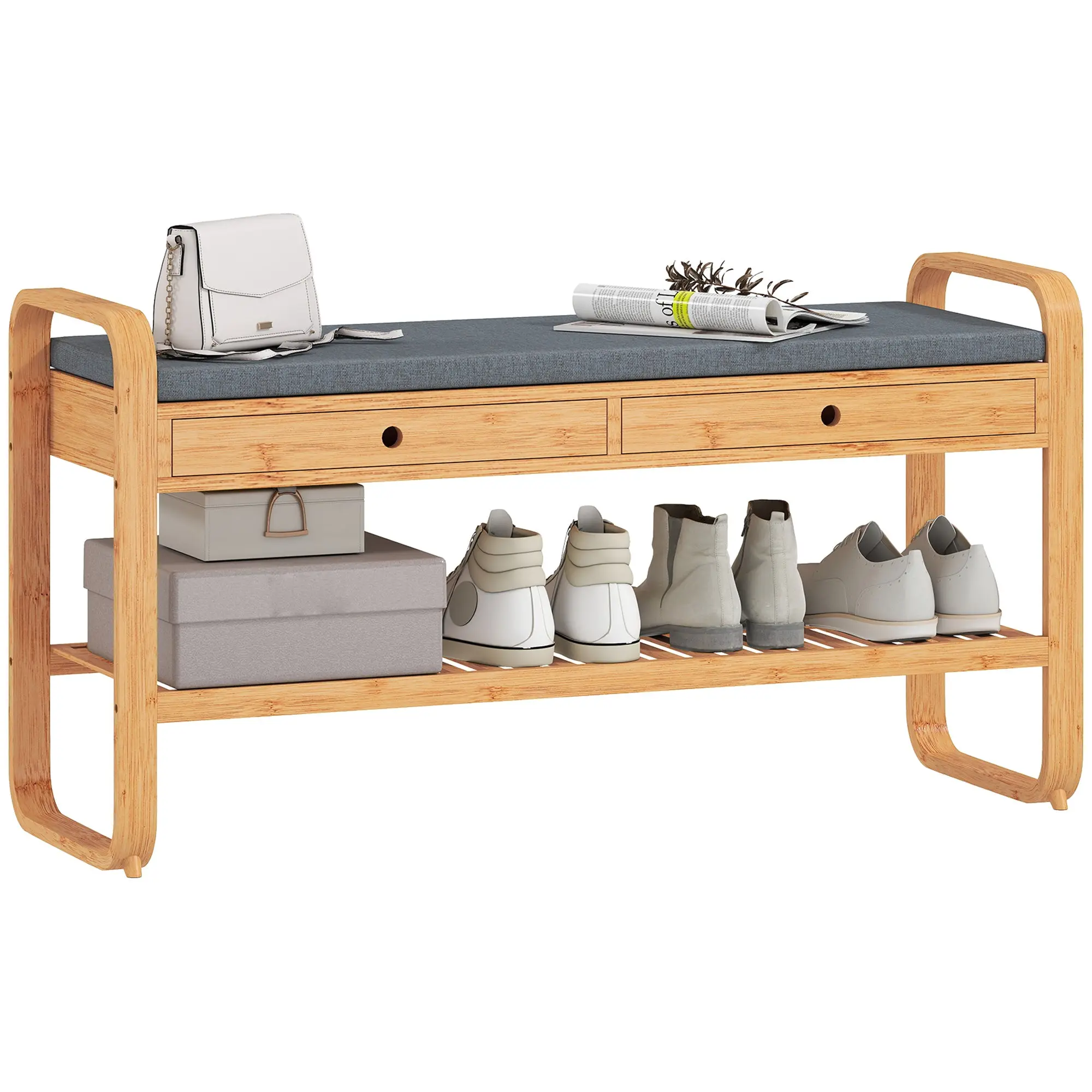 Shoe Bench with 2 Drawers and Cushioned Seat, 105x33.2x55 cm, Natural, Grey