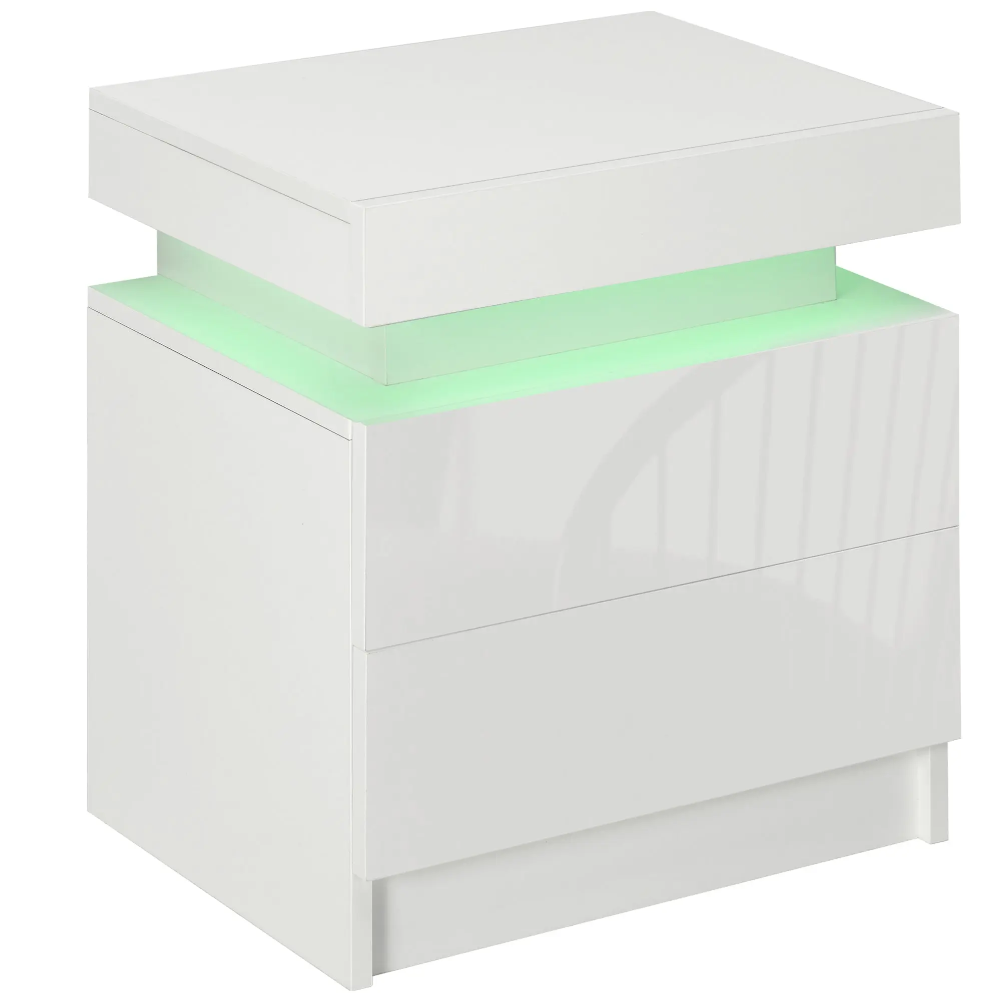 White High-Gloss Bedside Table with RGB LED Light & 2 Drawers, for Bedroom or Living Room