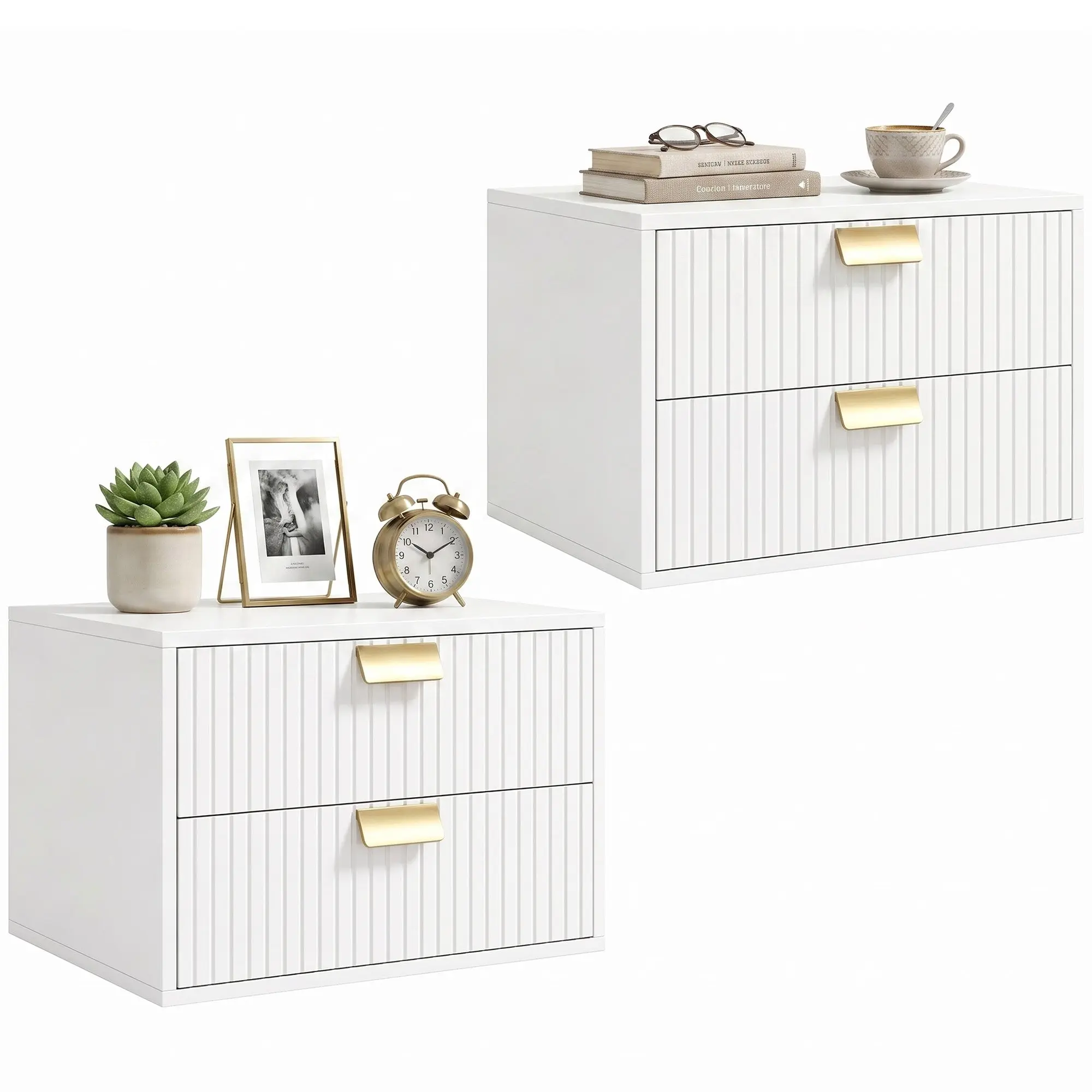 Floating Wall-Mounted Nightstands Set of 2 with two wave drawers, White