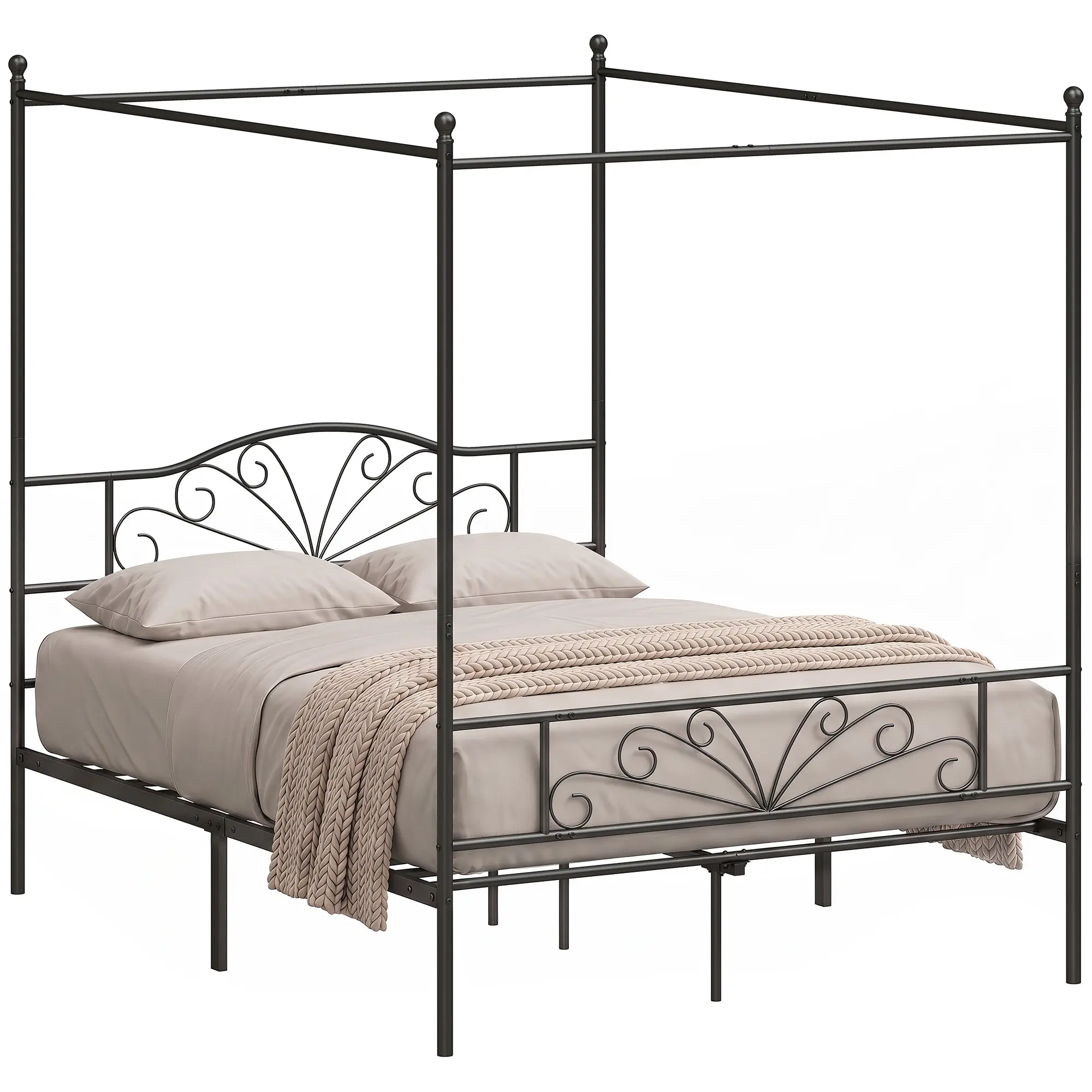 King Size Metal Canopy Bed Frame with Head & Footboard, Underbed Storage, Black