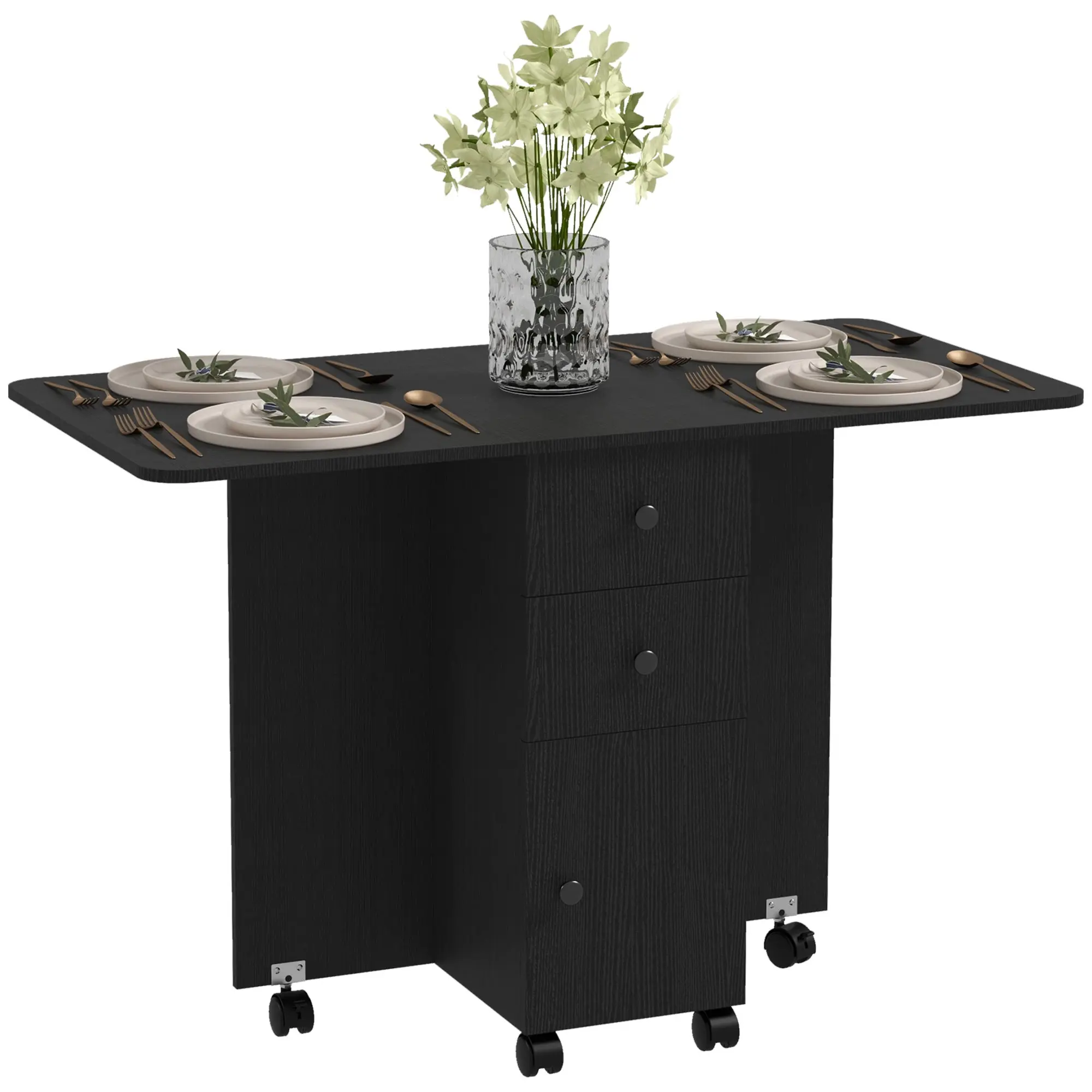 Folding Dining Table on Wheels for 4-6 with Storage Drawers, Cabinet, Distressed Black