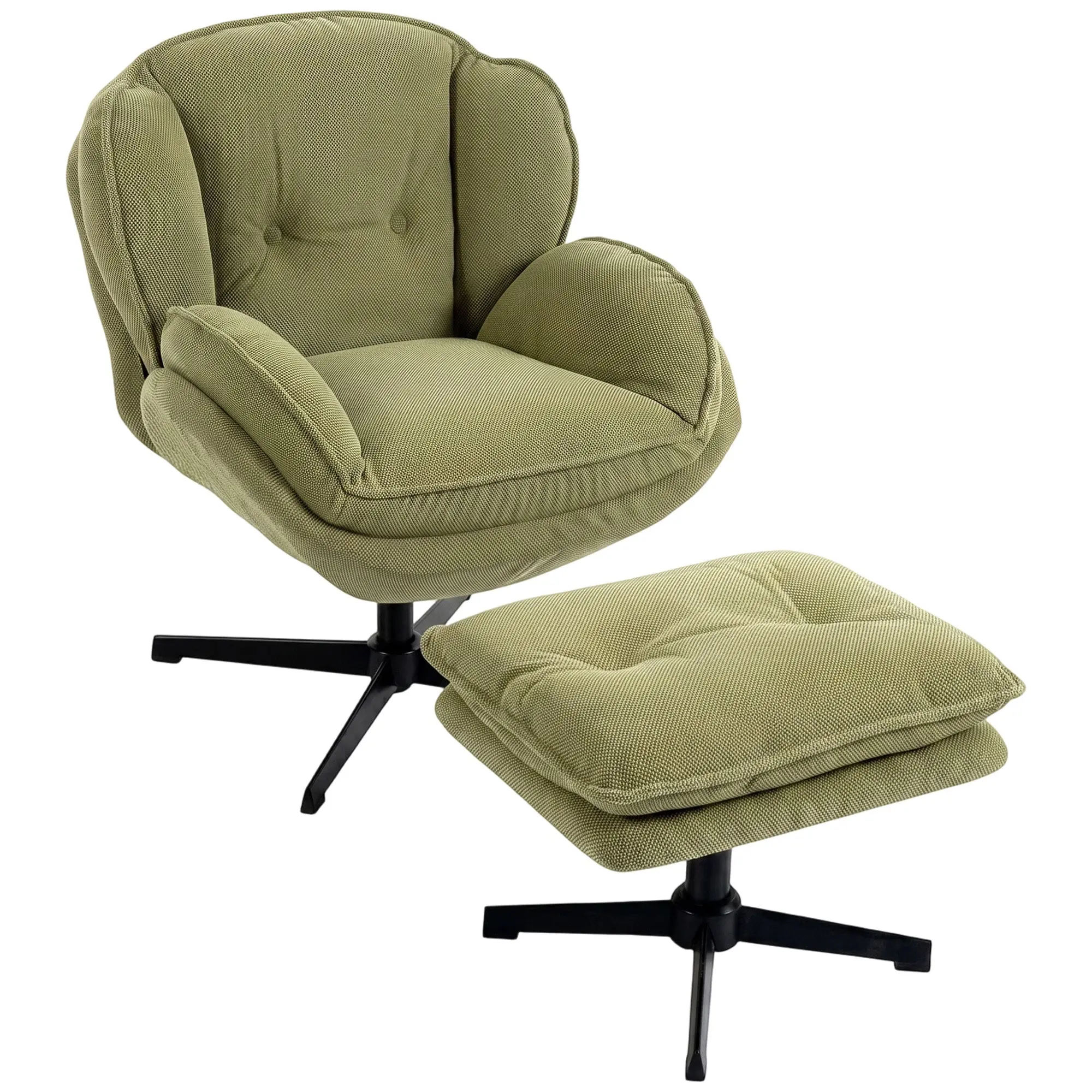 360° Swivel Armchair with Adjustable Footstool, Thick Cushion, Steel Base, Green