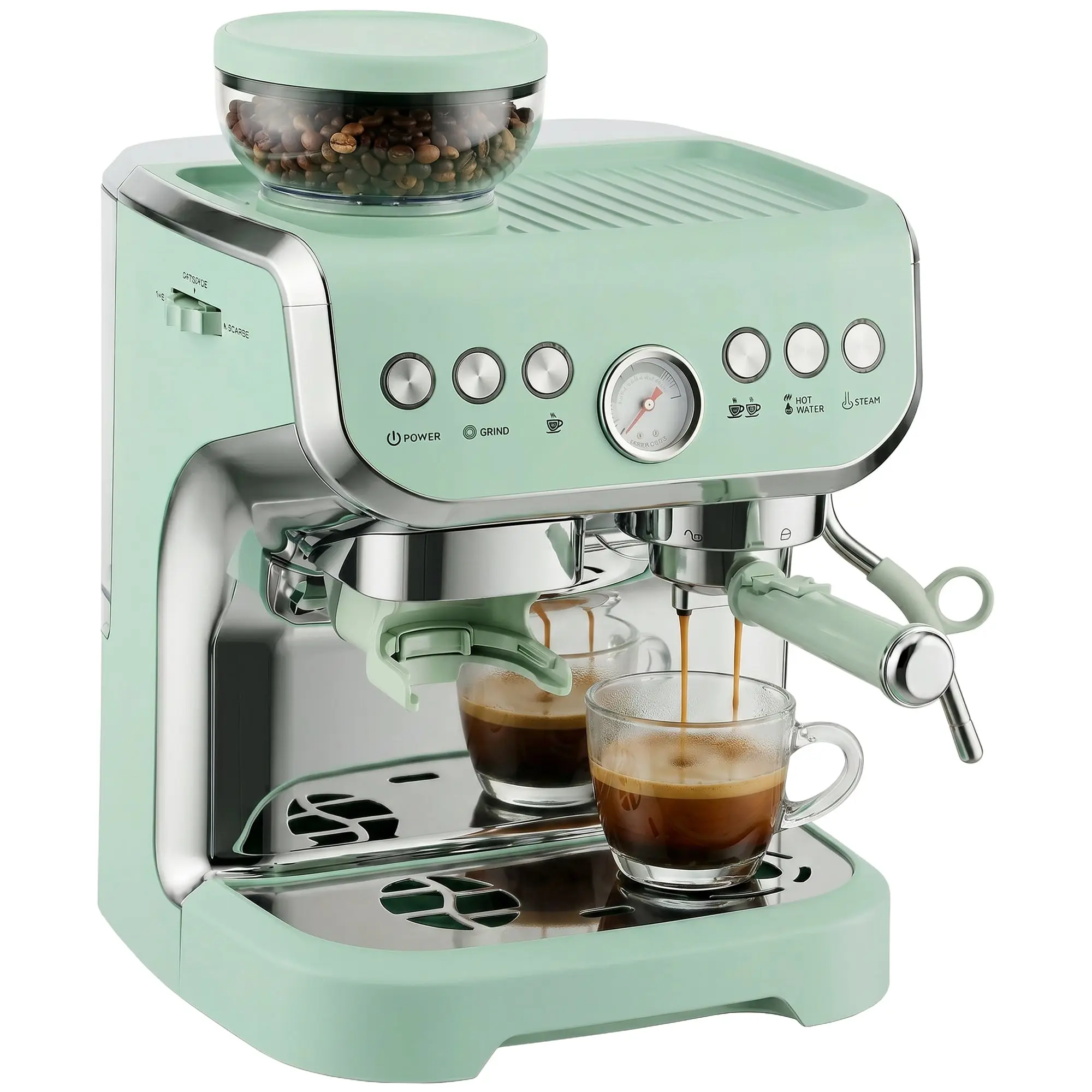 Bean to Cup Espresso Machine with Integrated Grinder & Steam Wand, 15 Bar Pump, 2L Tank, Stainless Steel, Light Green