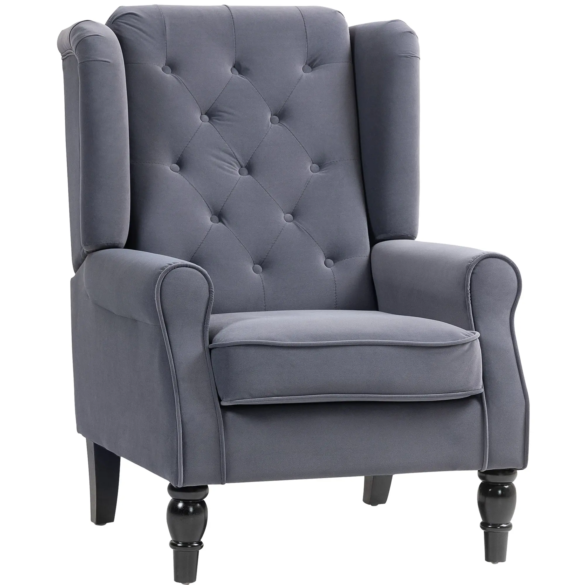 Mid Century Arm Chair for Living Room, Velvet Wingback Armchair with Wood Frame Button Tufted Design, Charcoal Grey