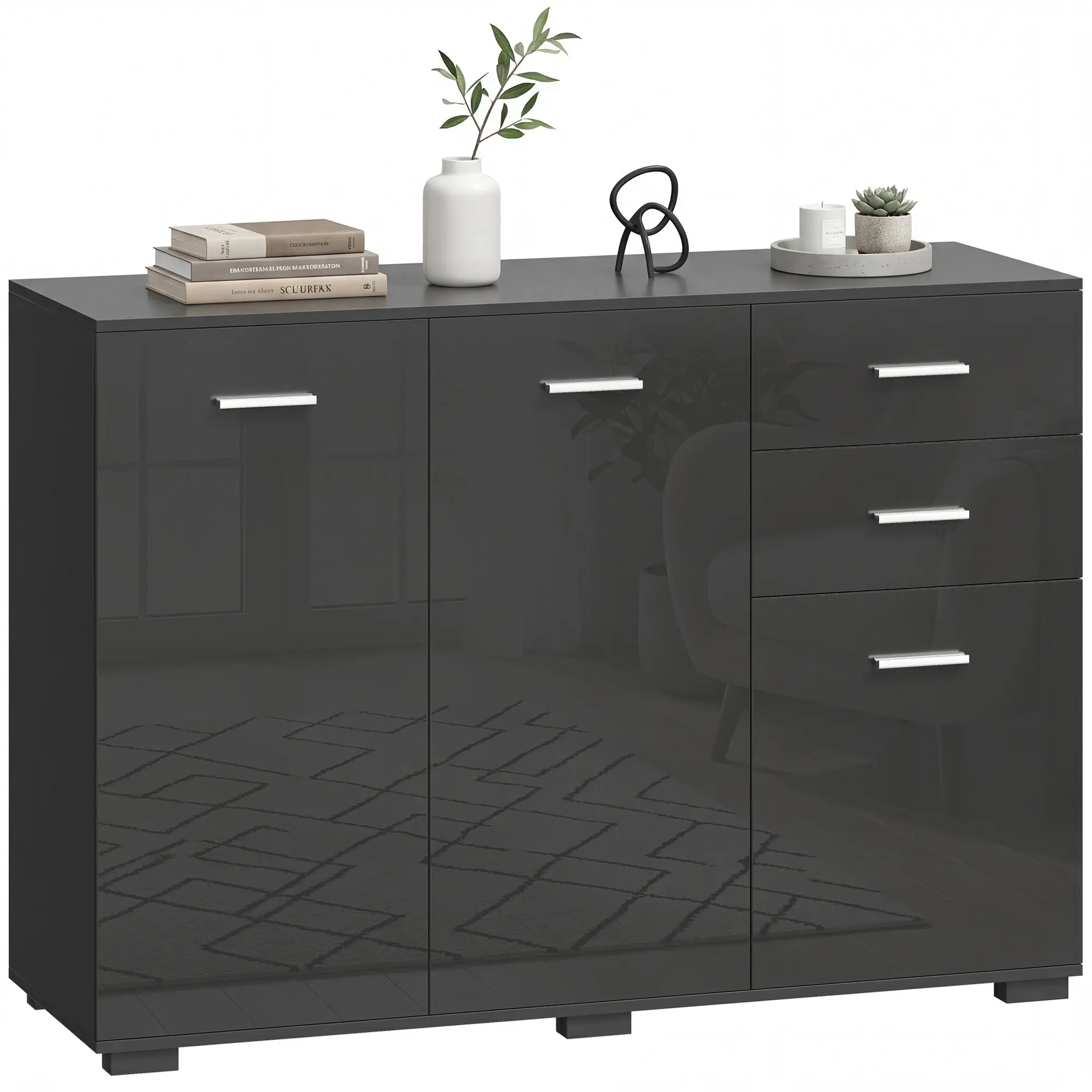 Modern Sideboard with 2 Drawers, 3 Doors & Adjustable Shelves, High Gloss Black