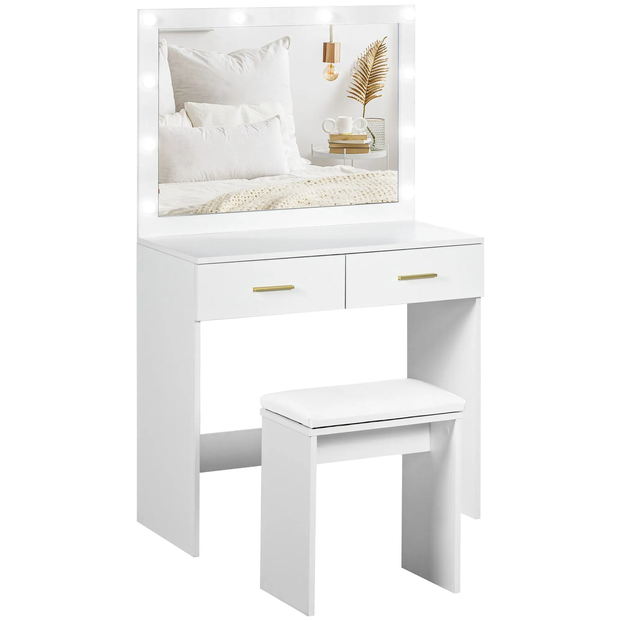 Makeup Vanity Desk and Stool, Vanity Set with 10 Bulbs, Drawers & 2 Lighting Modes, White