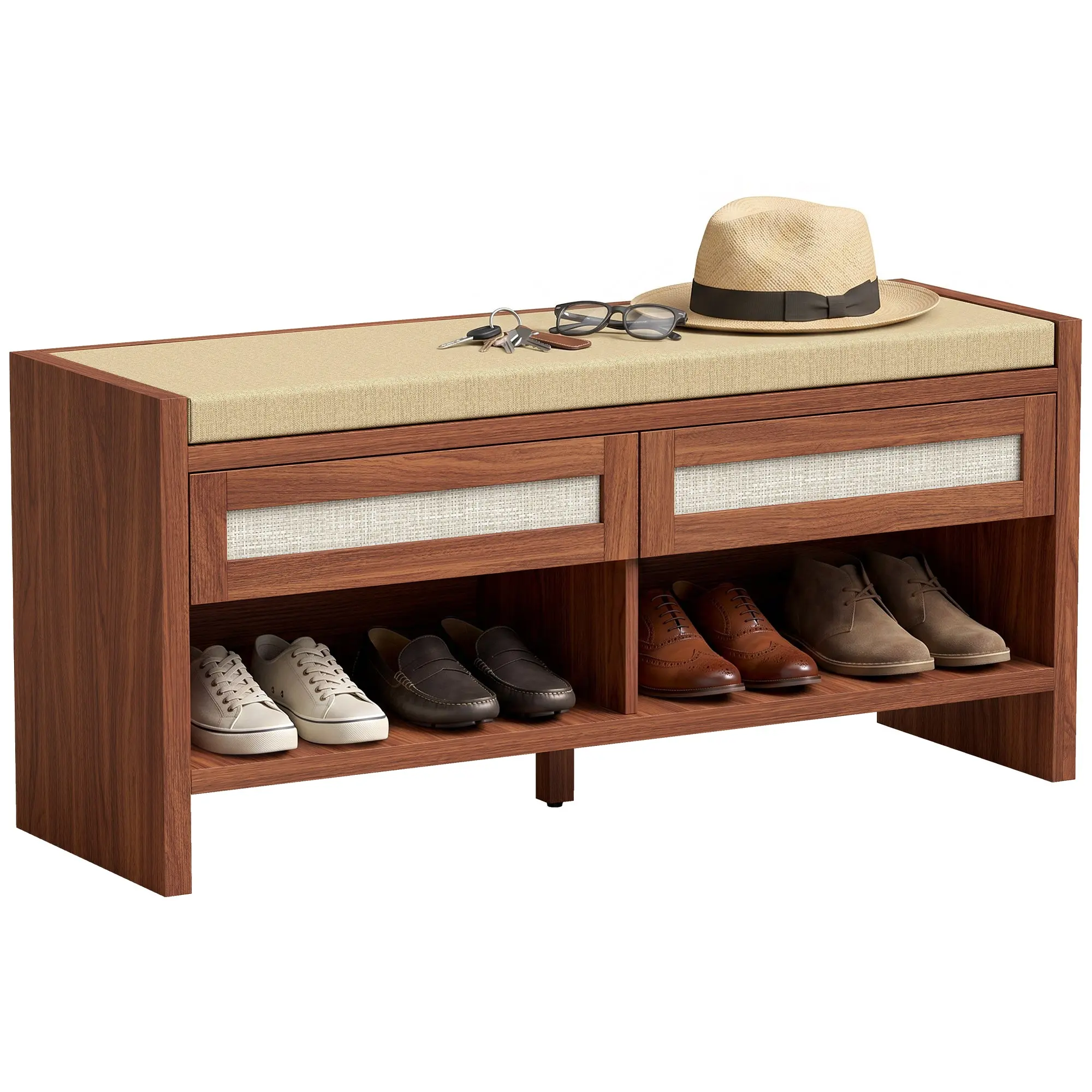 Boho Shoe Bench with 2 Rattan Drawers, Cushioned Linen-Look Seat & Open Shelf, 108 x 35 x 50 cm Brown