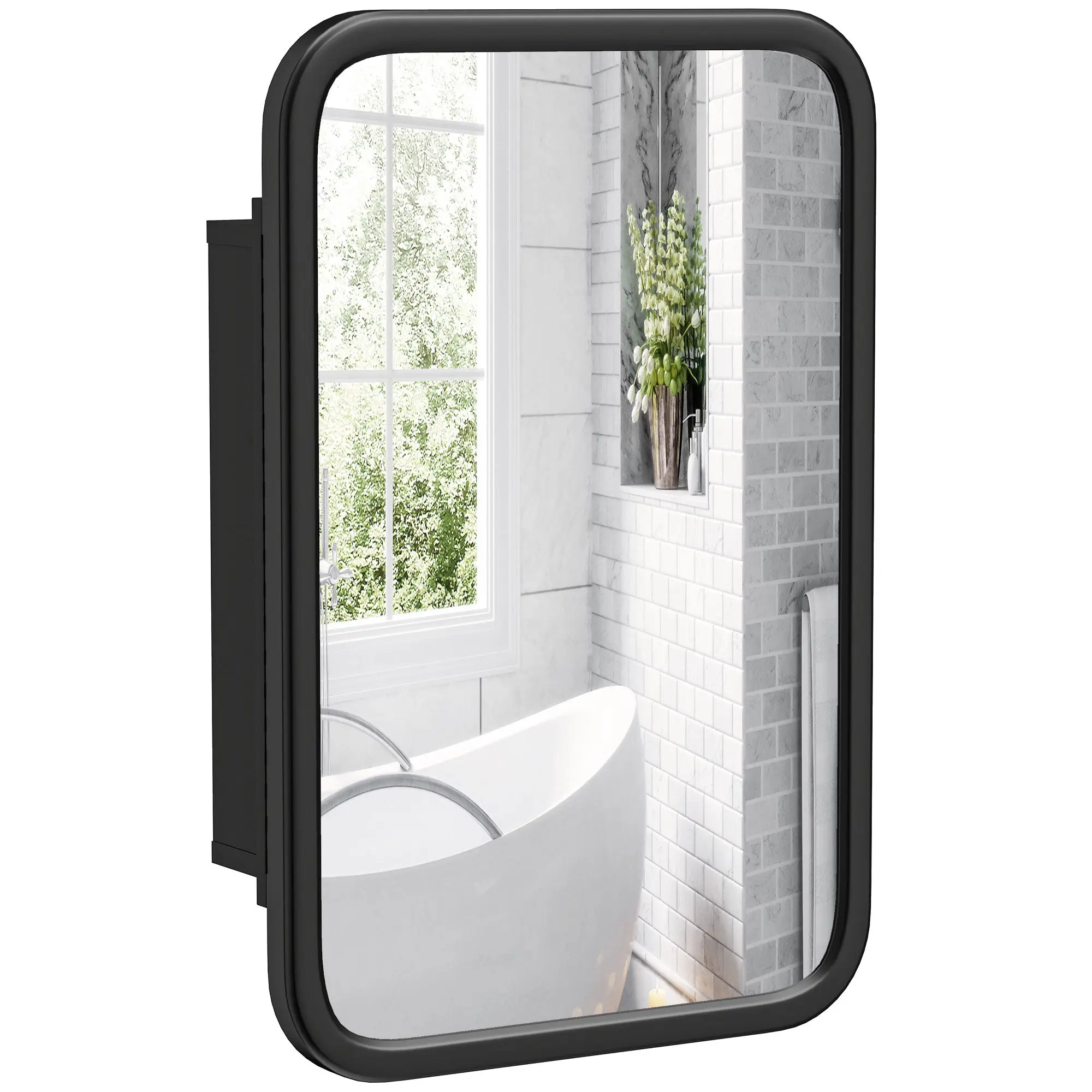 Bathroom Medicine Cabinet with Tempered Mirror, Metal Bathroom Mirror Cabinet Wall Mounted with 3 Shelves and 180° Swing Door for Hallway or Bathroom, Black