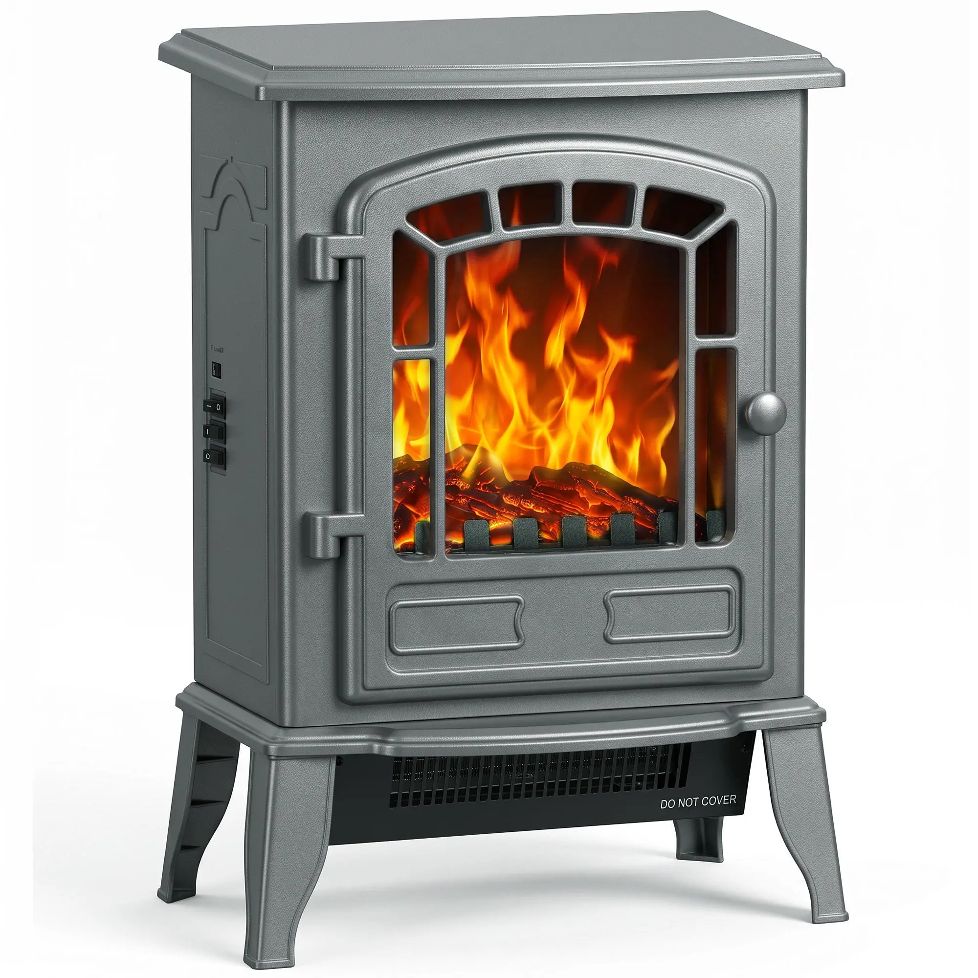 Freestanding Electric Stove 1000W/2000W with LED Flame & Thermostat, Grey