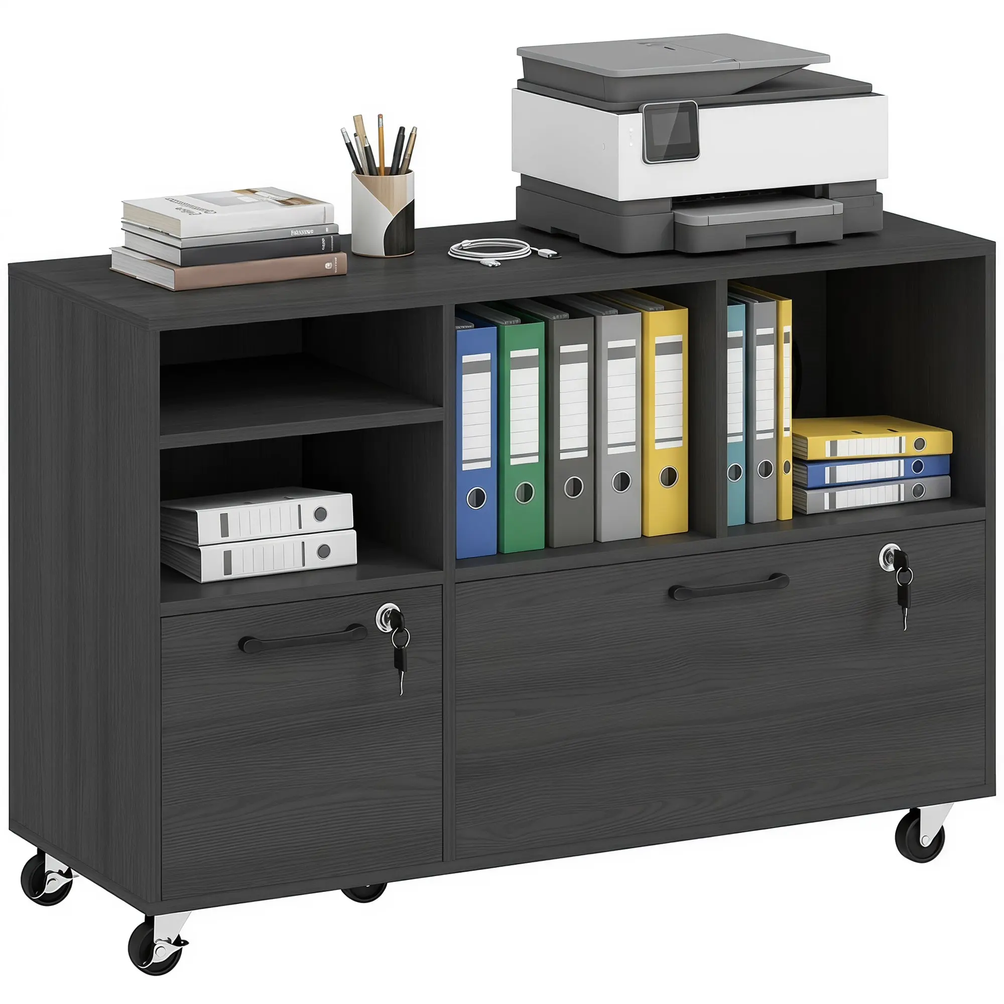 2-Drawer Mobile Lateral File Cabinet with Lock, Charging Station & Shelves Black