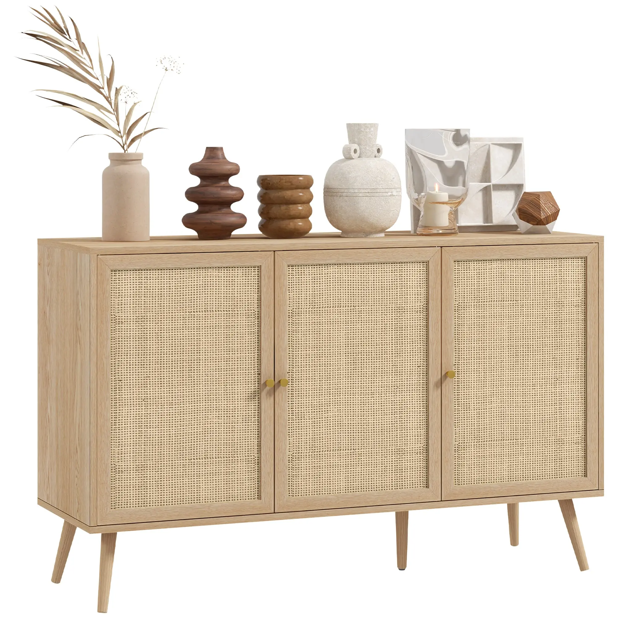 Boho Sideboard with Rattan Doors & Adjustable Shelves, Natural