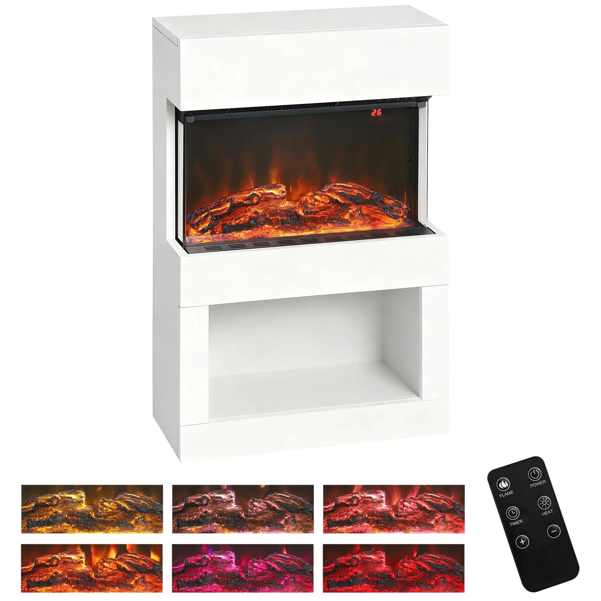 19" Electric Fireplace Mantel White with 3D Flame, 1000W-2000W, Remote & Timer
