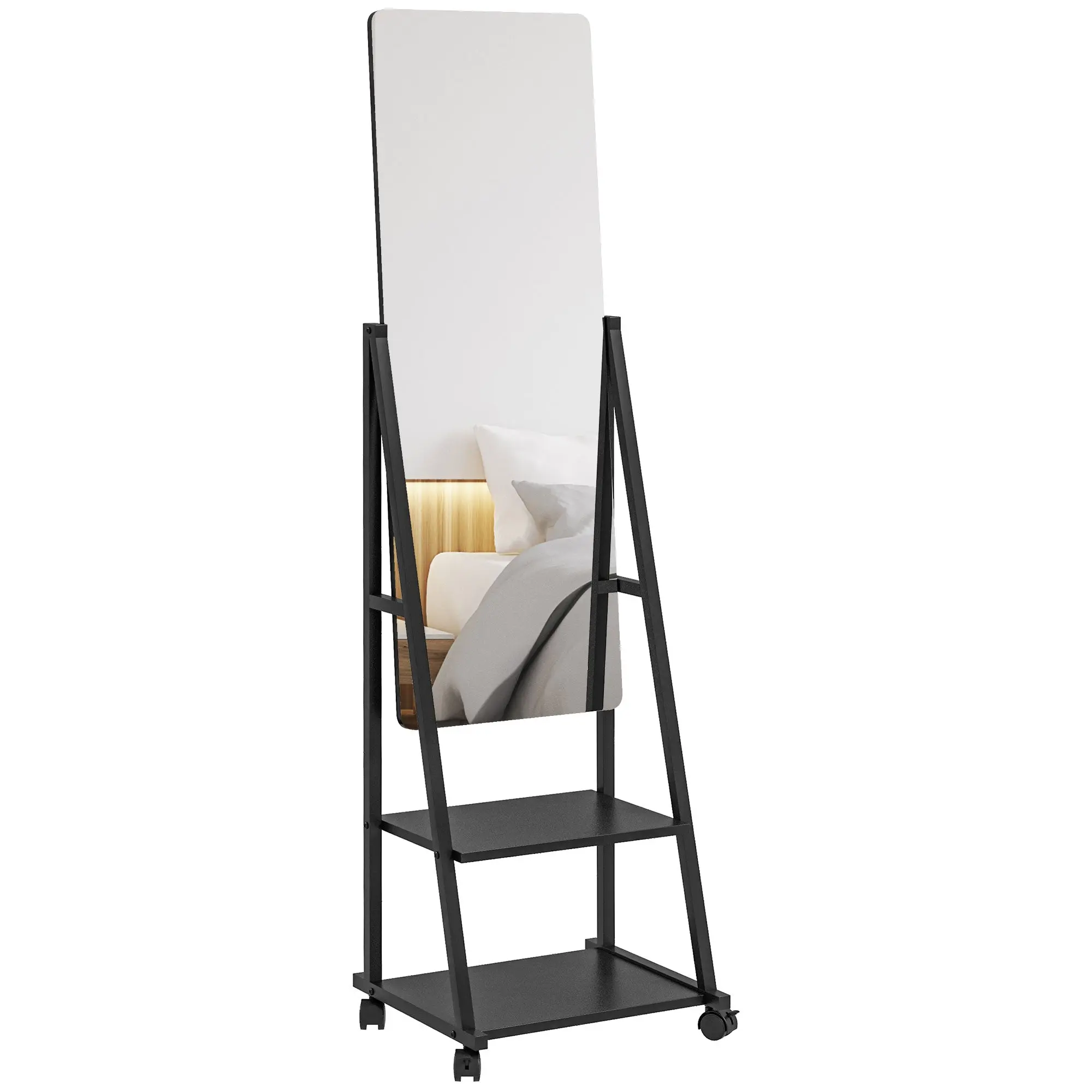 Freestanding Full Body Mirror with Adjustable Angle, 2 Storage Shelves & Wheels, Black