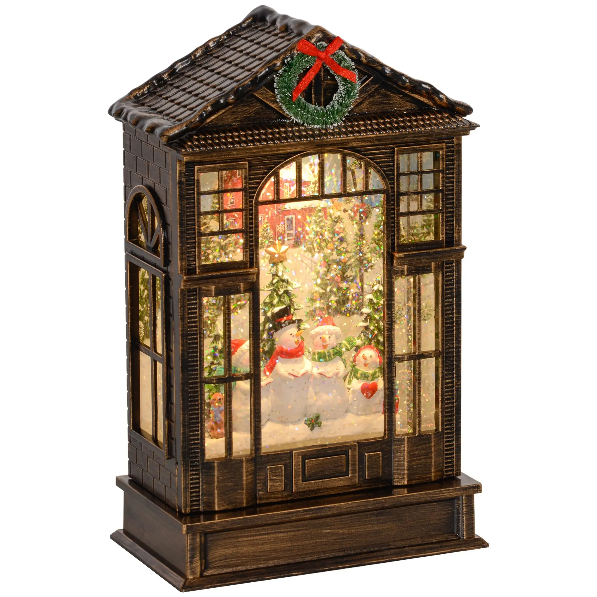 Christmas Snow Globe Lantern with Lights, Swirling Glitter, Battery Operated Musical, Bronze Tone