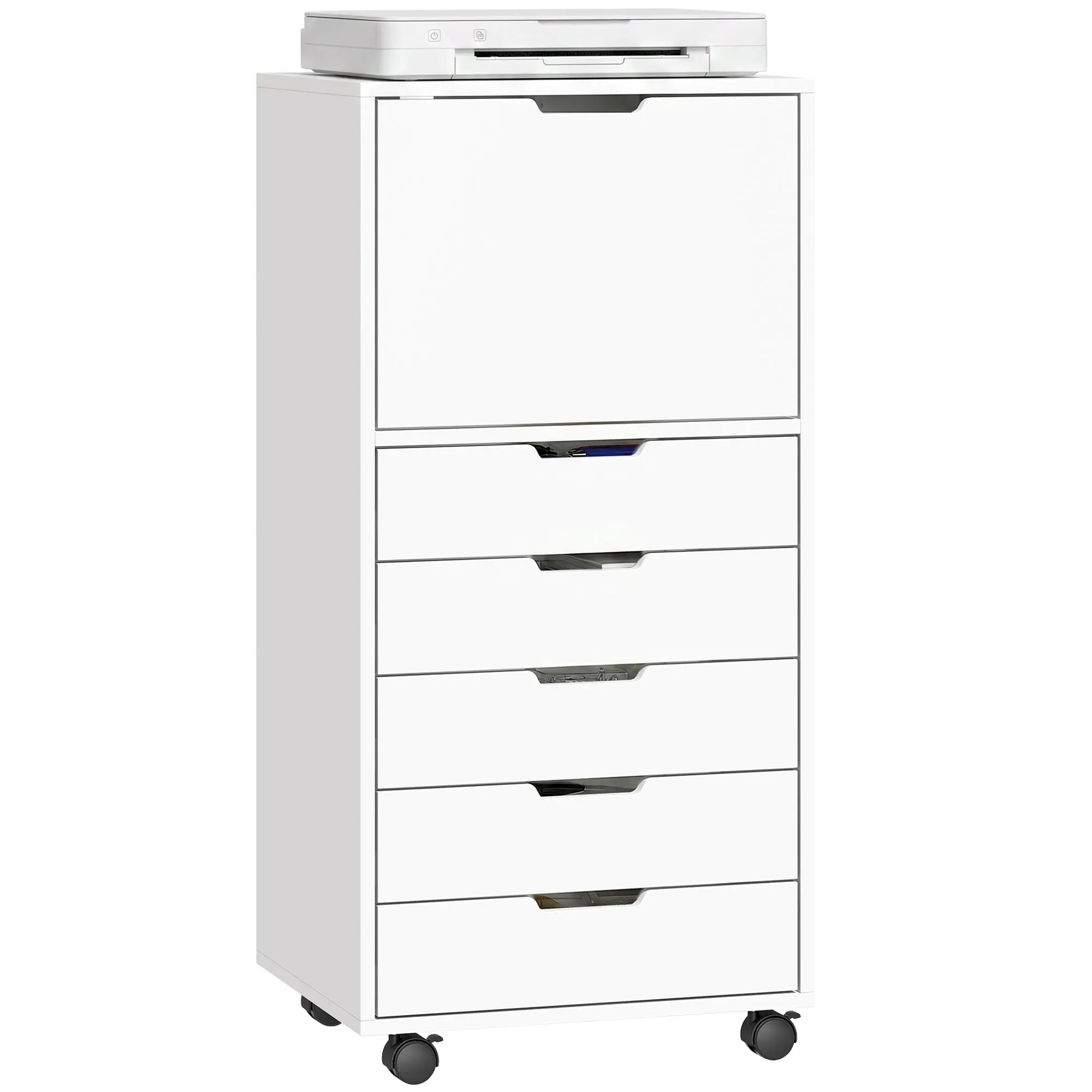 5-Drawer Mobile File Cabinet with Locking Wheels and Soft-Close Drawers for A4, White