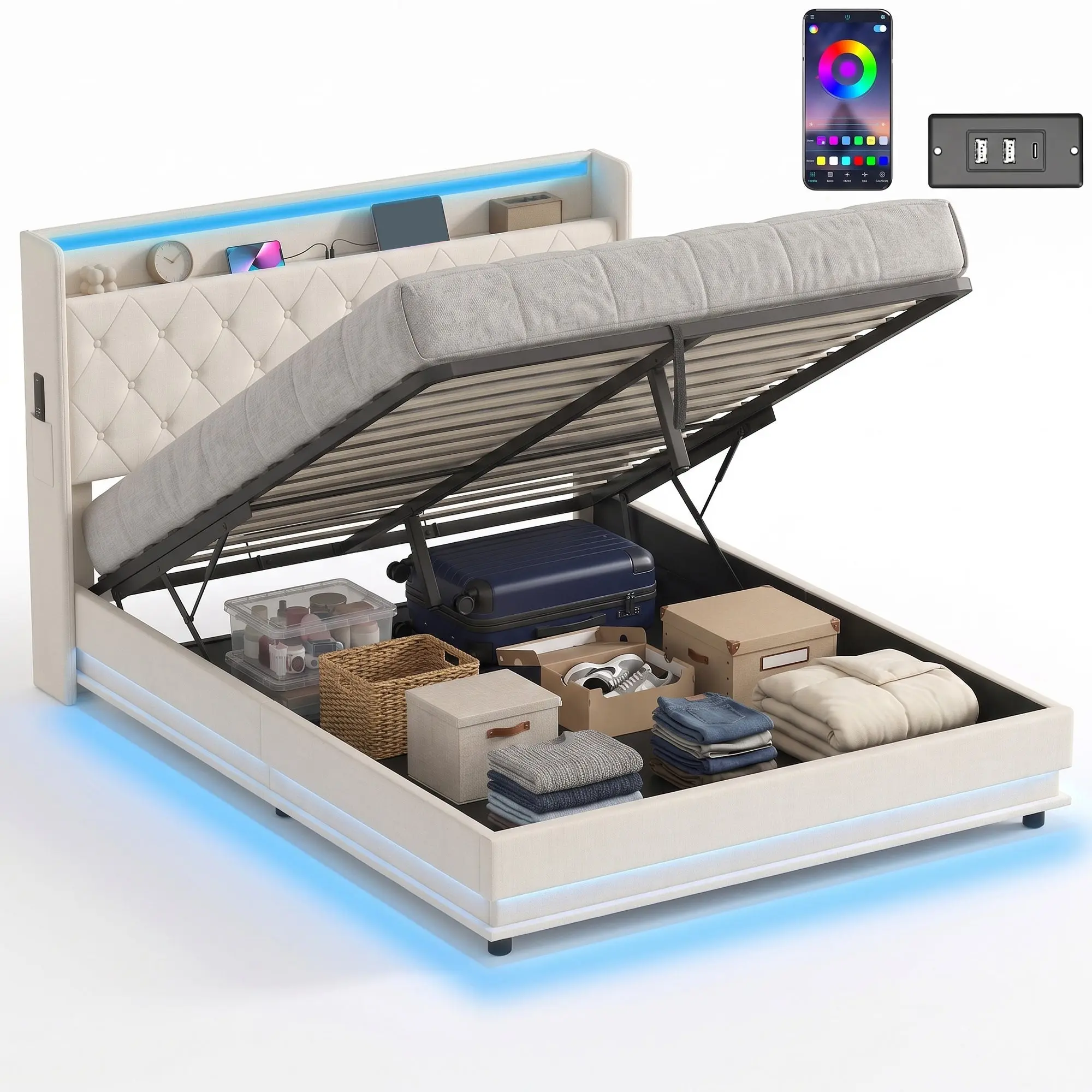 5ft King Ottoman Bed with Hydraulic Storage, App LED & USB Charging, Cream White