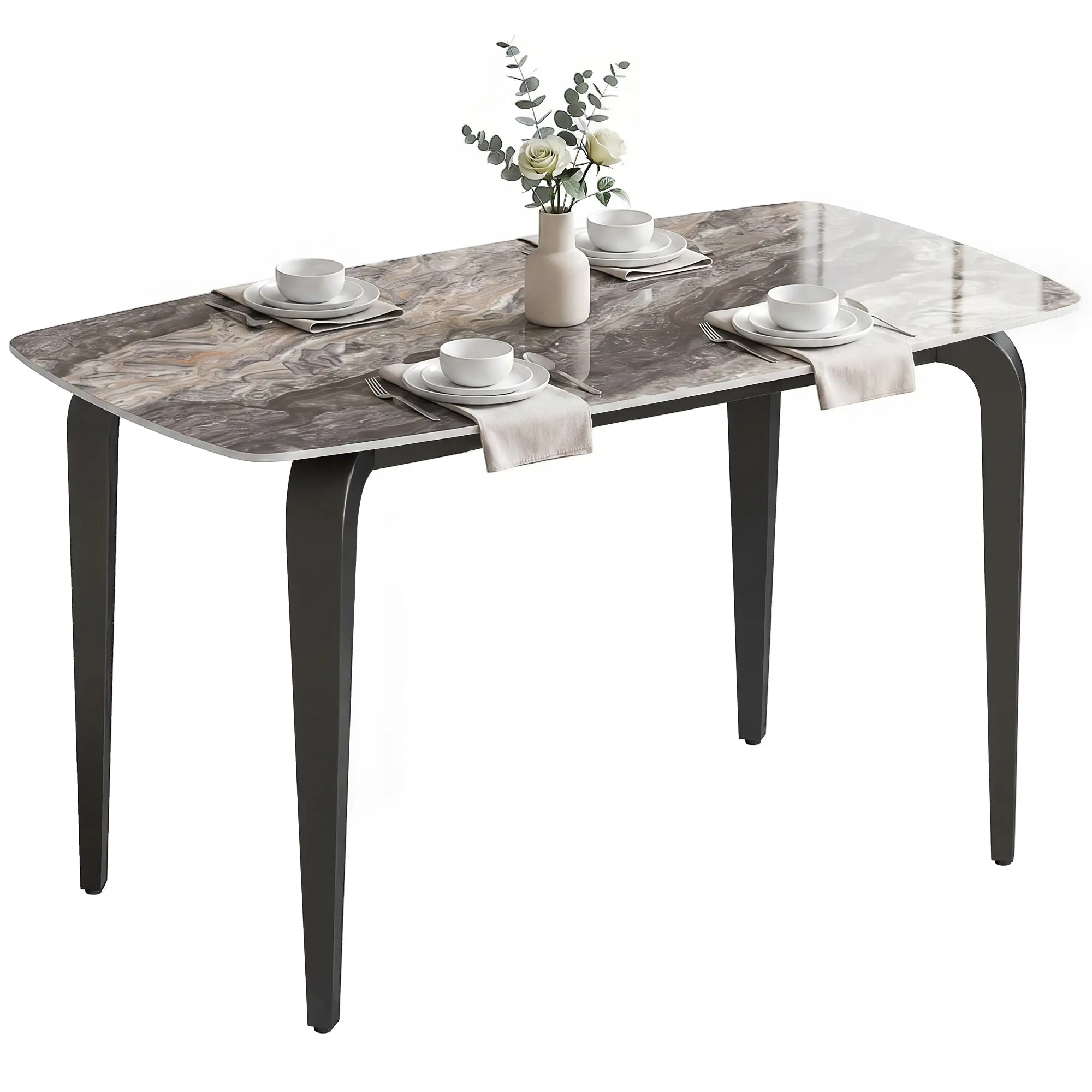 130W x 70D x 75H cm Dining Table for 4 with Stone Top, Metal Legs, Brown
