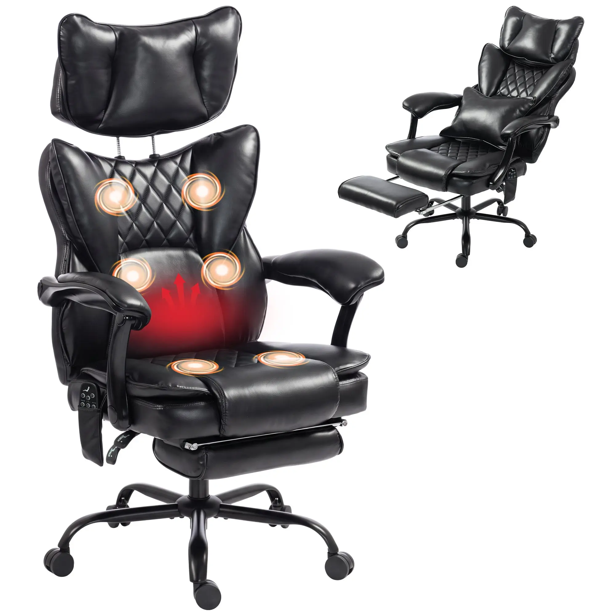 Heated High Back Vibration Massage Recliner in PU Leather with Headrest, Black