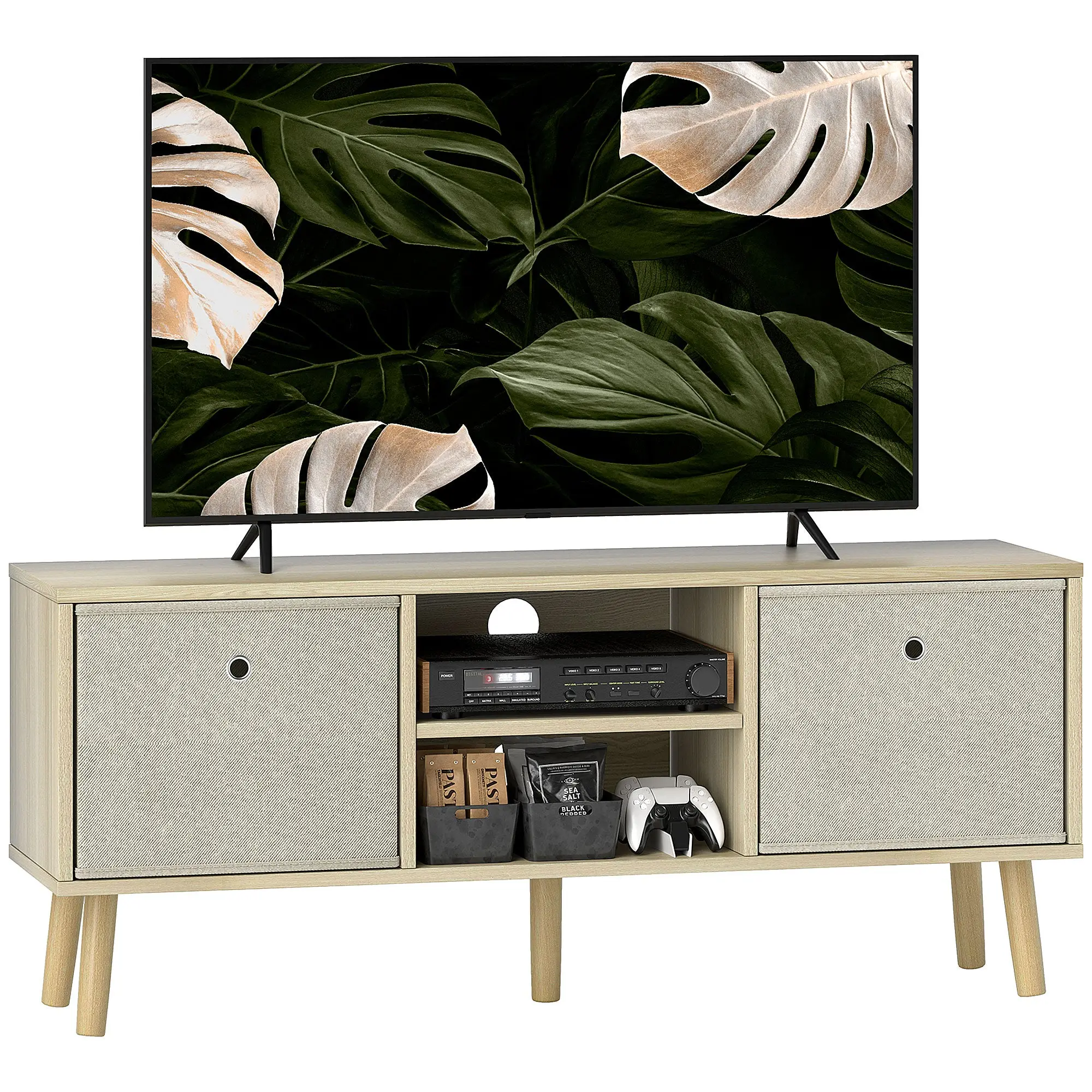 TV Stand Unit for TVs up to 50" with Foldable Drawers & Shelves, Natural Wood Finish