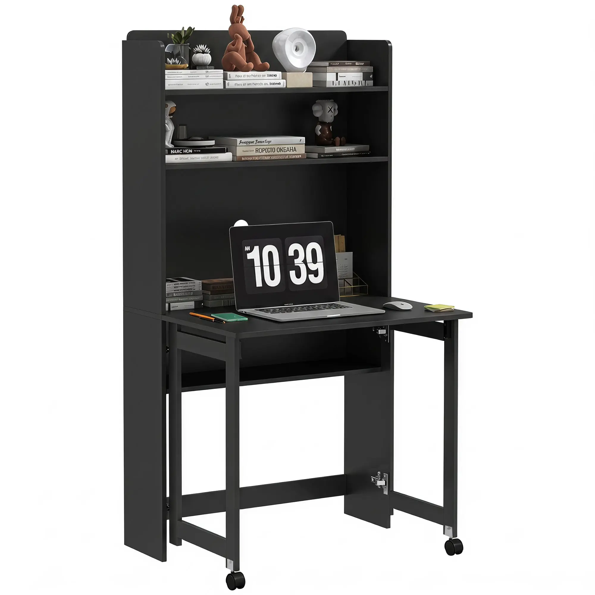 Foldable Desk with Storage Shelves & Wheels for Home Office 80x69x155 cm Black