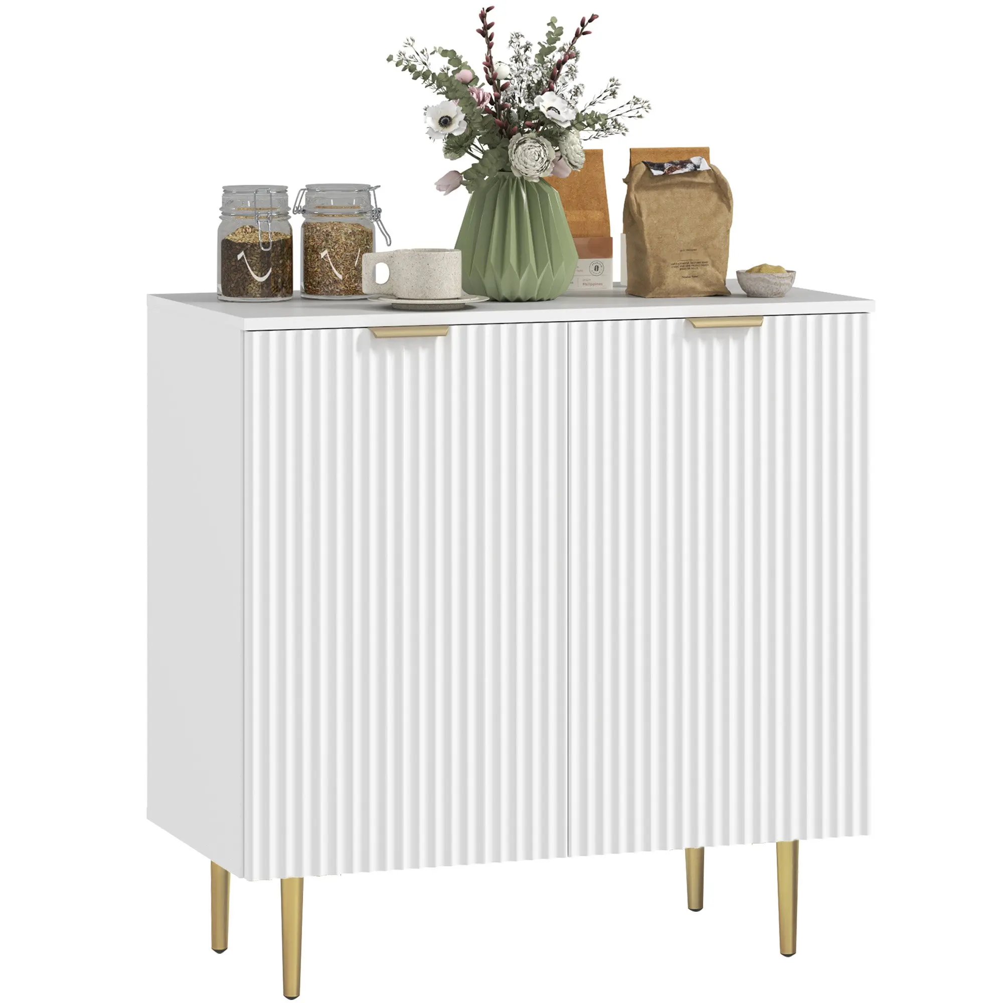 Modern Fluted Sideboard Cabinet with 2 Doors & Metal Legs, White