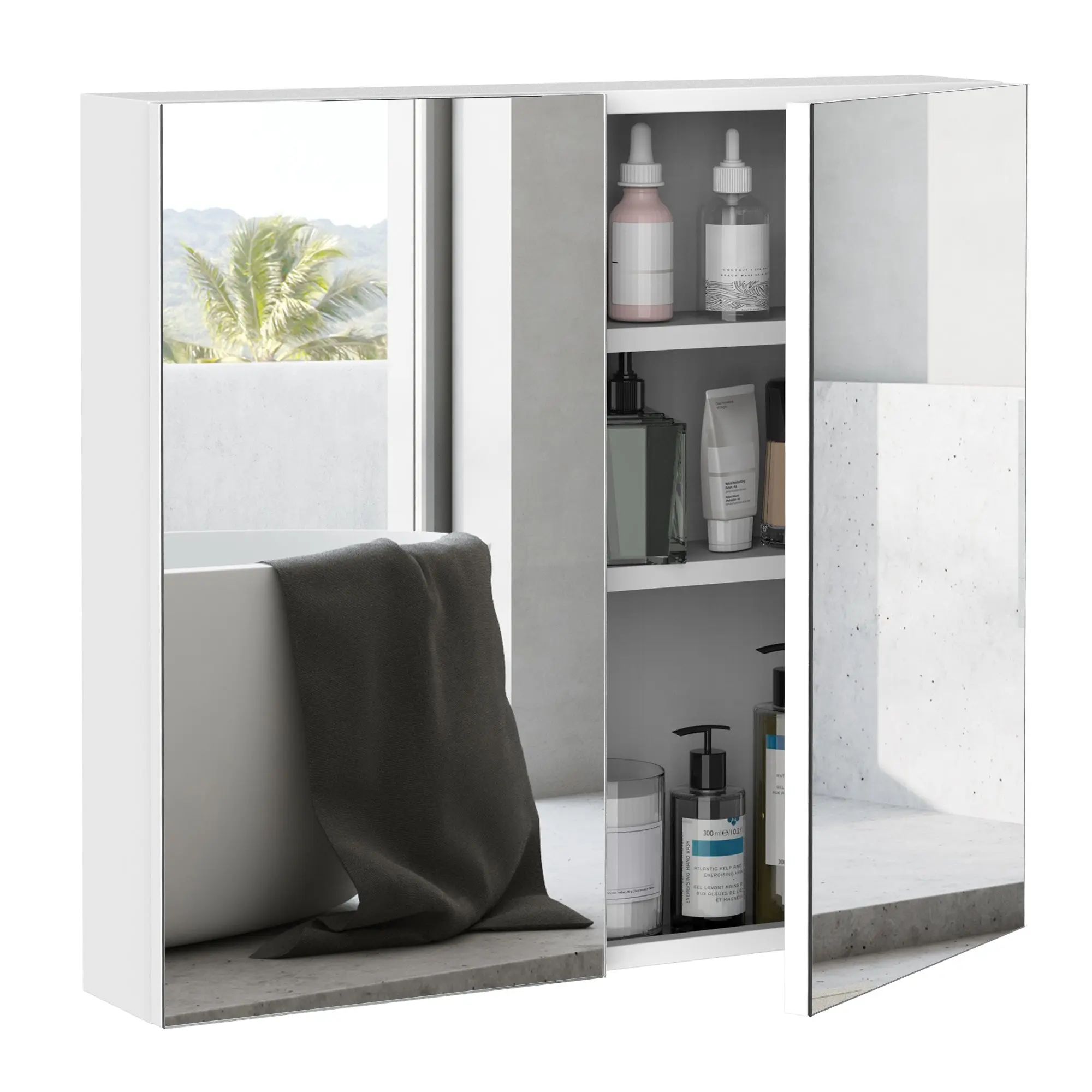 24" x 22" Mirrored Medicine Cabinet, 2-Doors Wall-Mounted Bathroom Cabinet, White