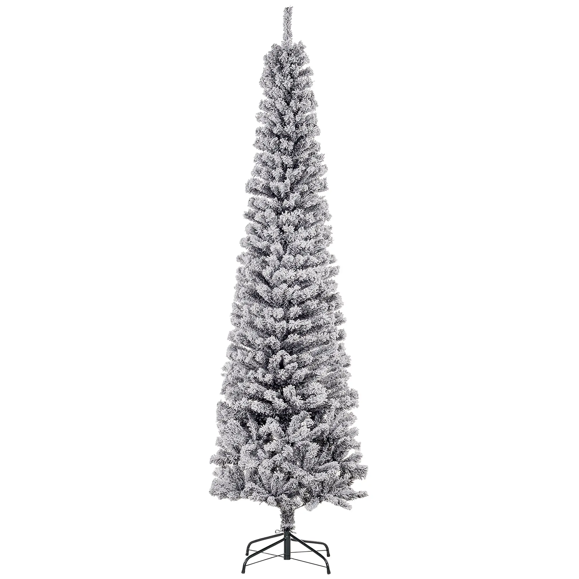 7.5ft Snow Flocked Pencil Christmas Tree, Artificial Slim Xmas Tree with Realistic Branch Tips, Folding Metal Stand, Black