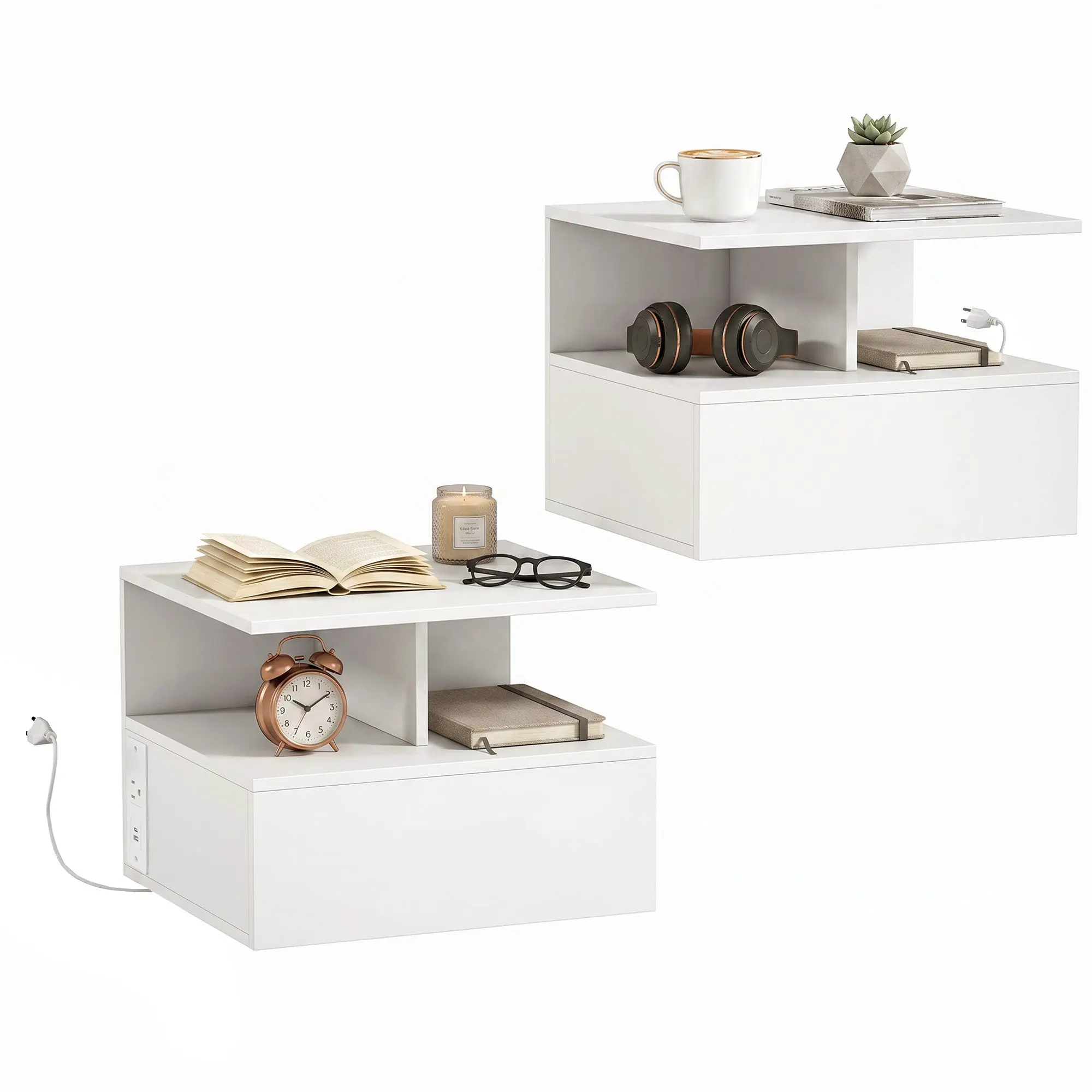 Small Floating Nightstand Set of 2 with Power Outlets, Drawer & Open Shelf, White