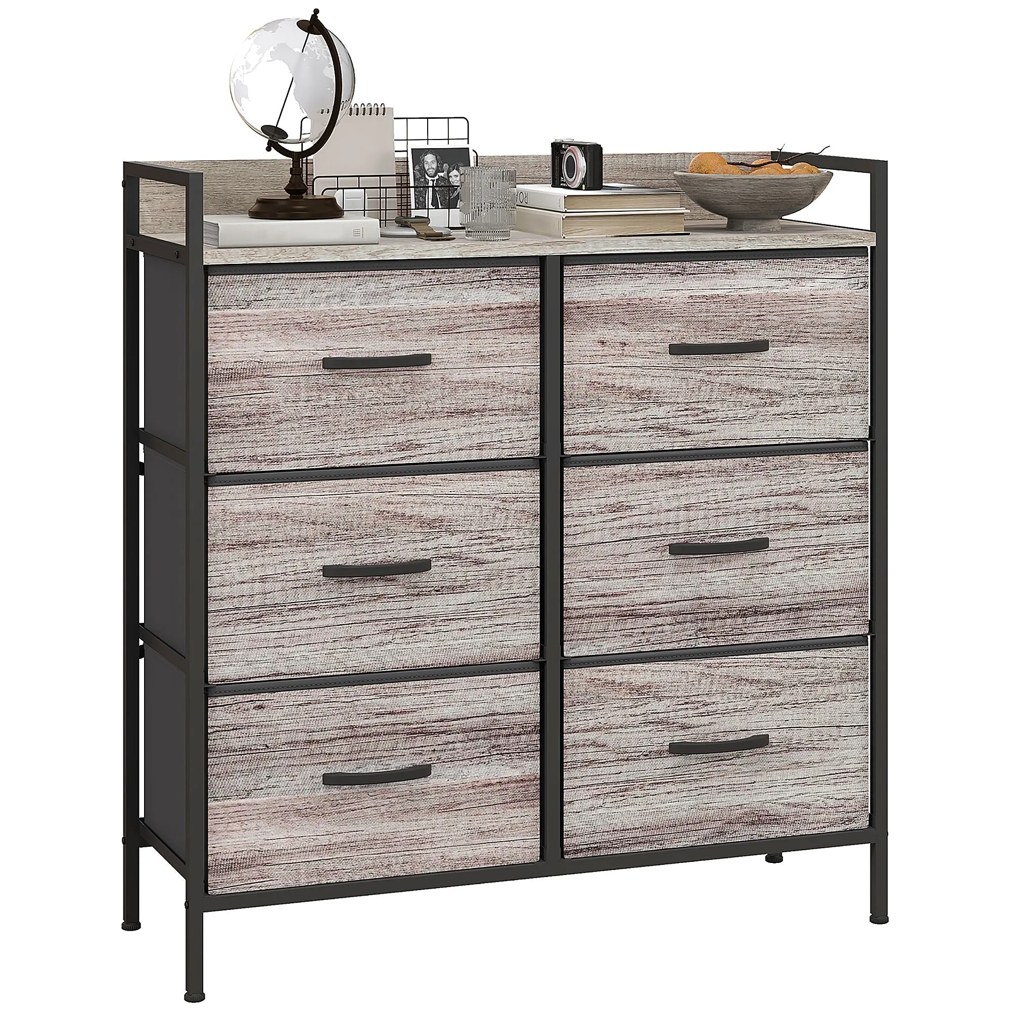 Bedroom Chest of Drawers, Fabric Dresser with 6 Drawers & Open Shelf , Grey Wood Effect