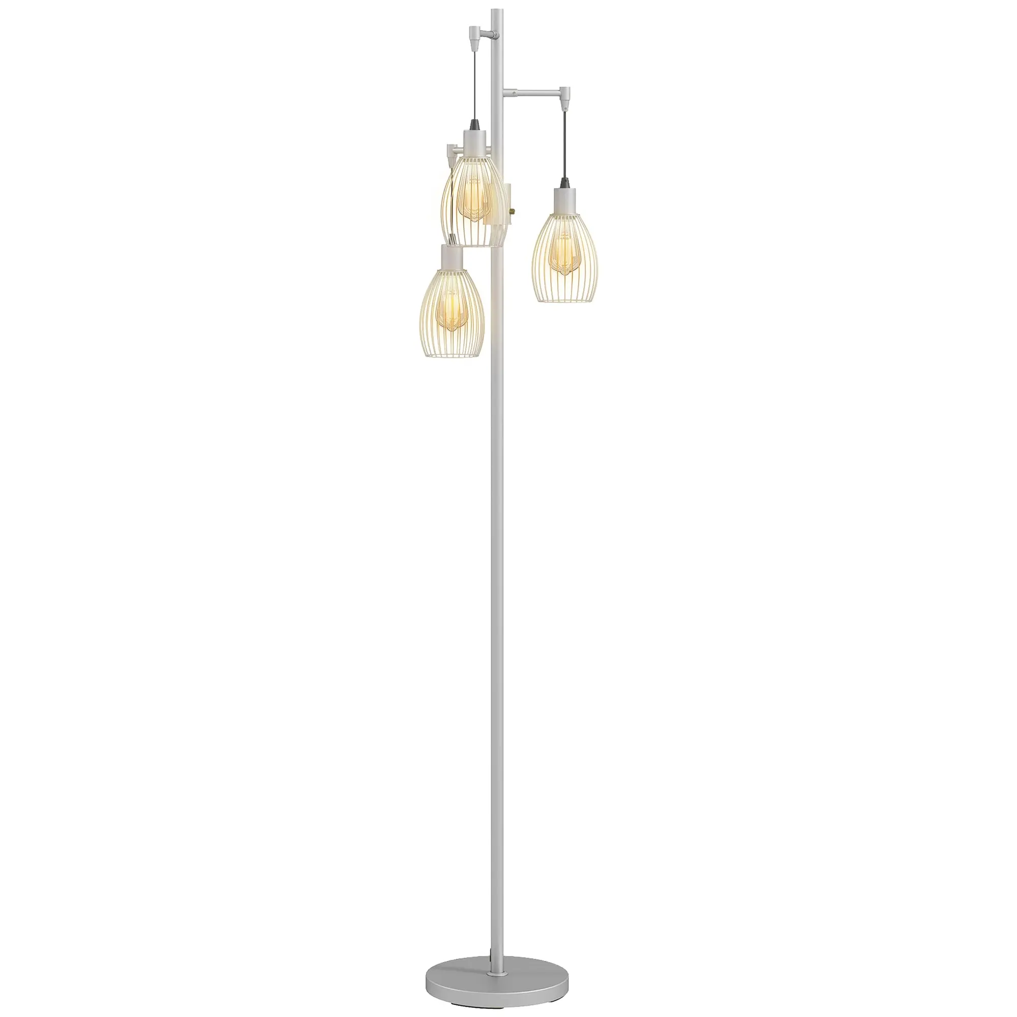 170cm Industrial Dimmable Floor Lamp with 3 Steel Wire Cage Lights, 2700K Warm LED, Silver