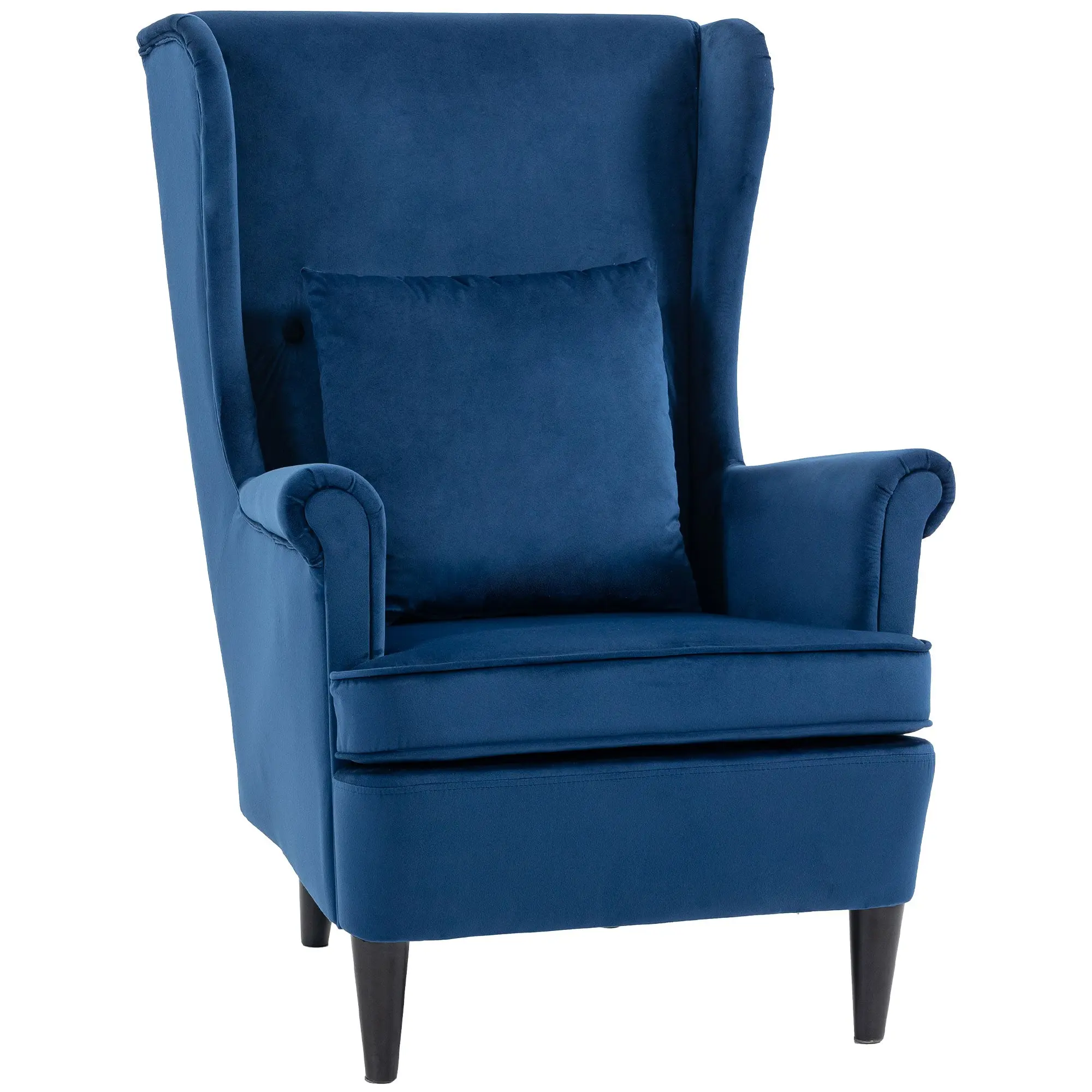 Wingback Accent Chair with High Back & Pillow, Velvet-Feel, Solid Wood Legs, Blue