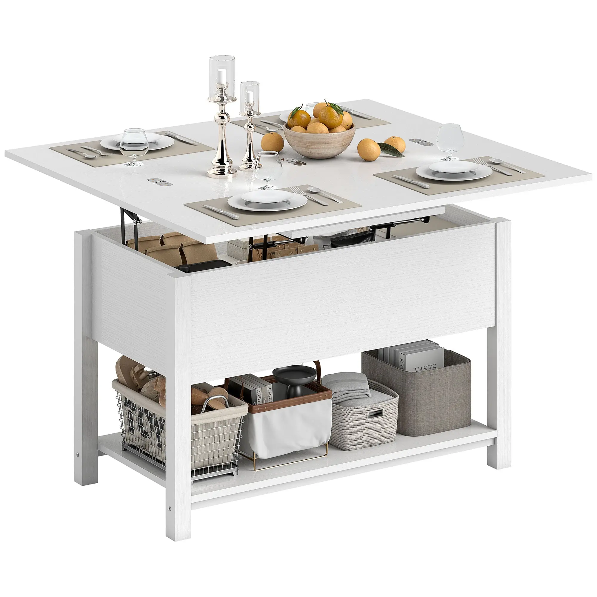 39.4" Lift Top Coffee Table with Hidden Compartment & Open Shelf, White