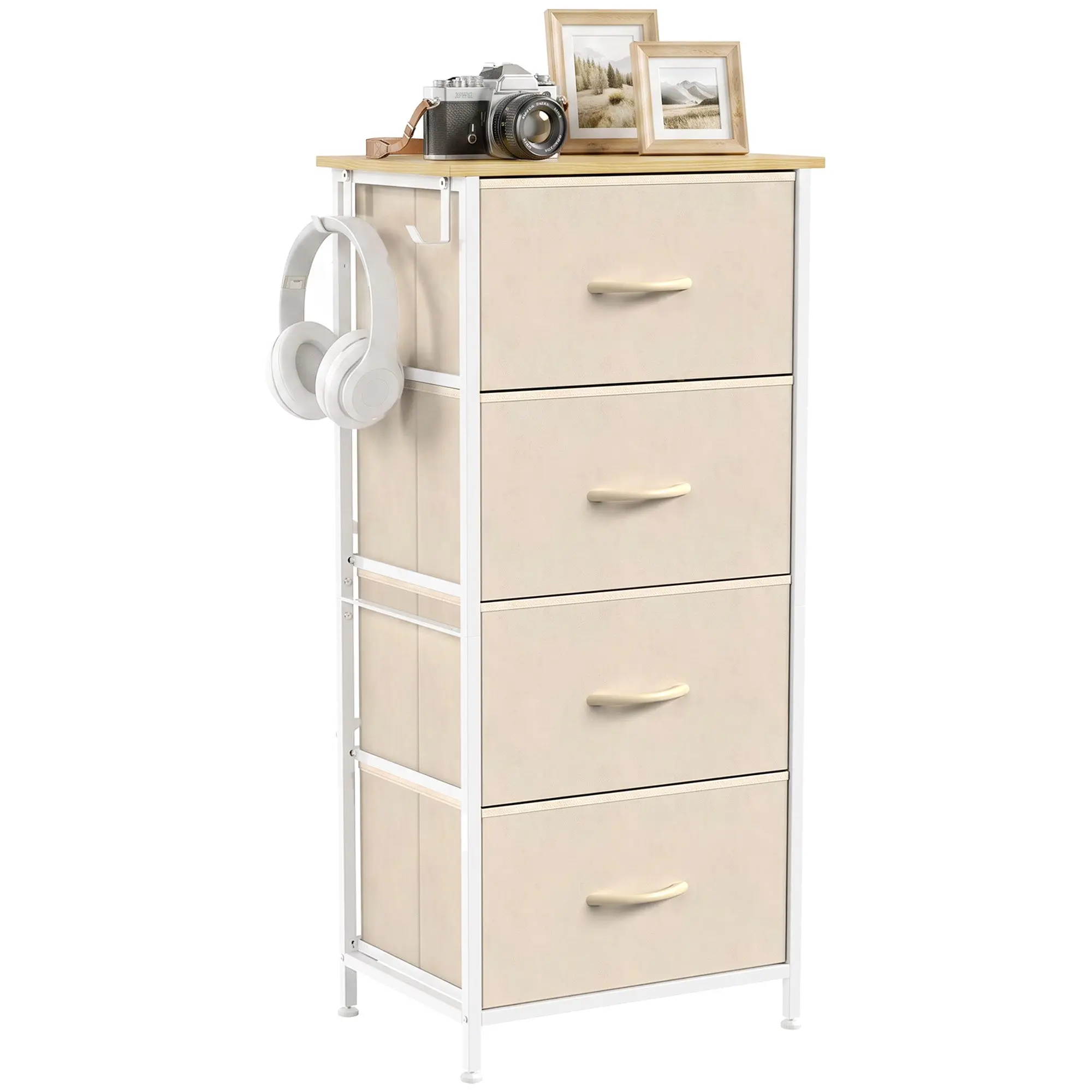 Tall Chest with 4 Fabric Drawers, 4 Pockets & 2 Hooks, Steel Frame, Beige