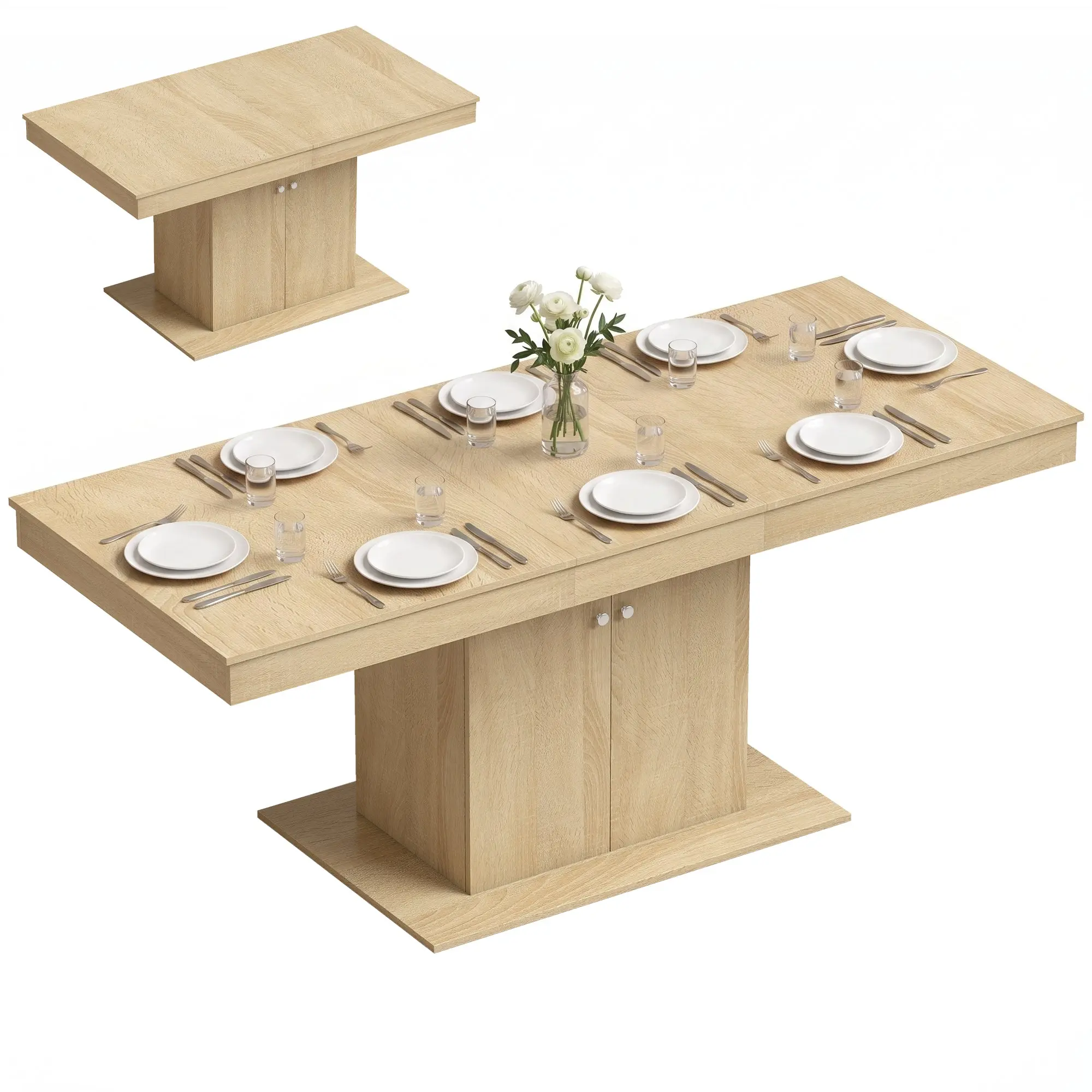 Extendable Dining Table 55"-71" for 6-8 with Storage Cabinet, Natural Wood