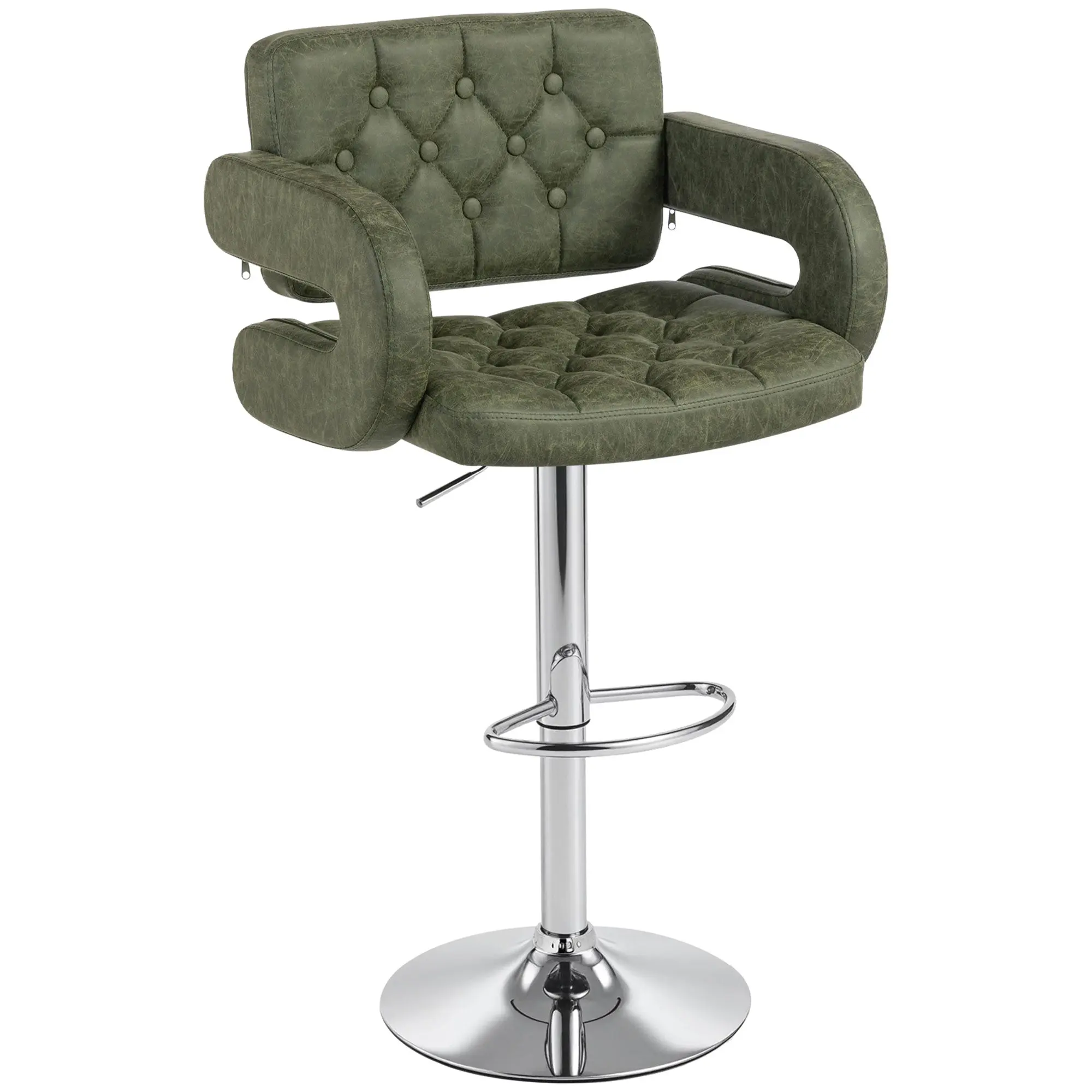 Swivel Bar Stool with Extra Large Seat, PU Leather Upholstered Adjustable Barstool with Back, Arm and Footrest, Breakfast Bar Chair for Bistro, Kitchen, Green