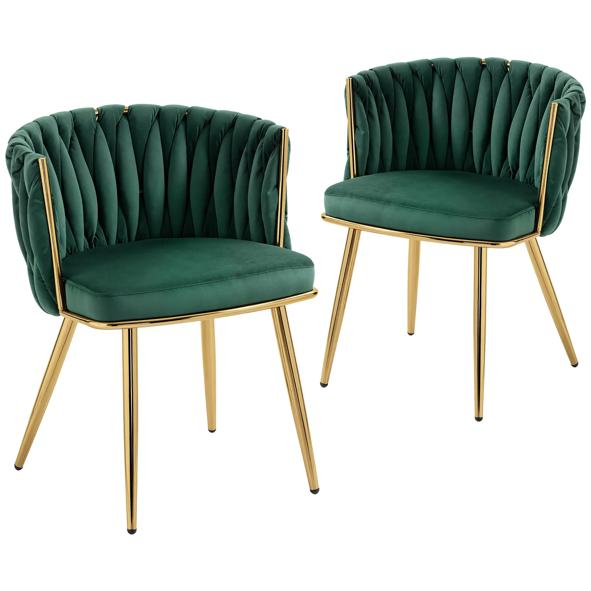 Velvet-Feel Dining Chairs Set of 2 with Woven Backrest and Armrests, Dark Green