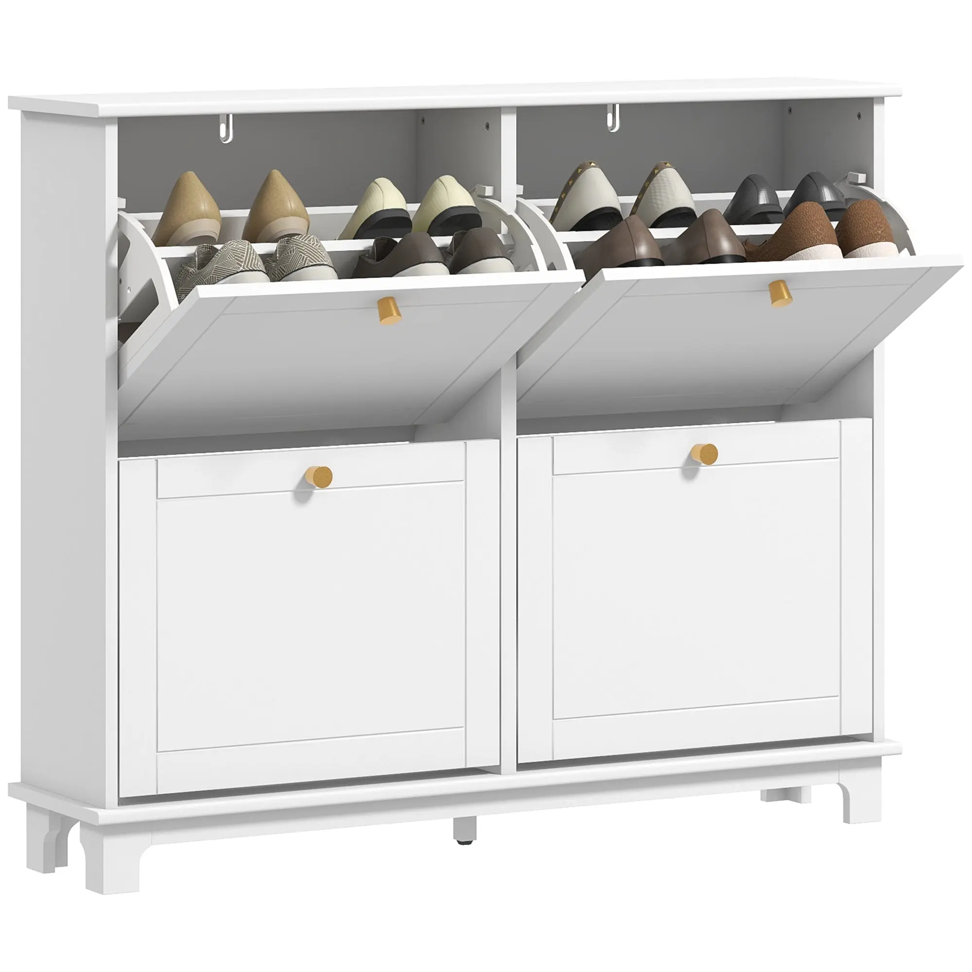 Narrow Shoe Cabinet with Wave-like Panels & 4 Flip Drawers for 16 Pairs of Shoes, White