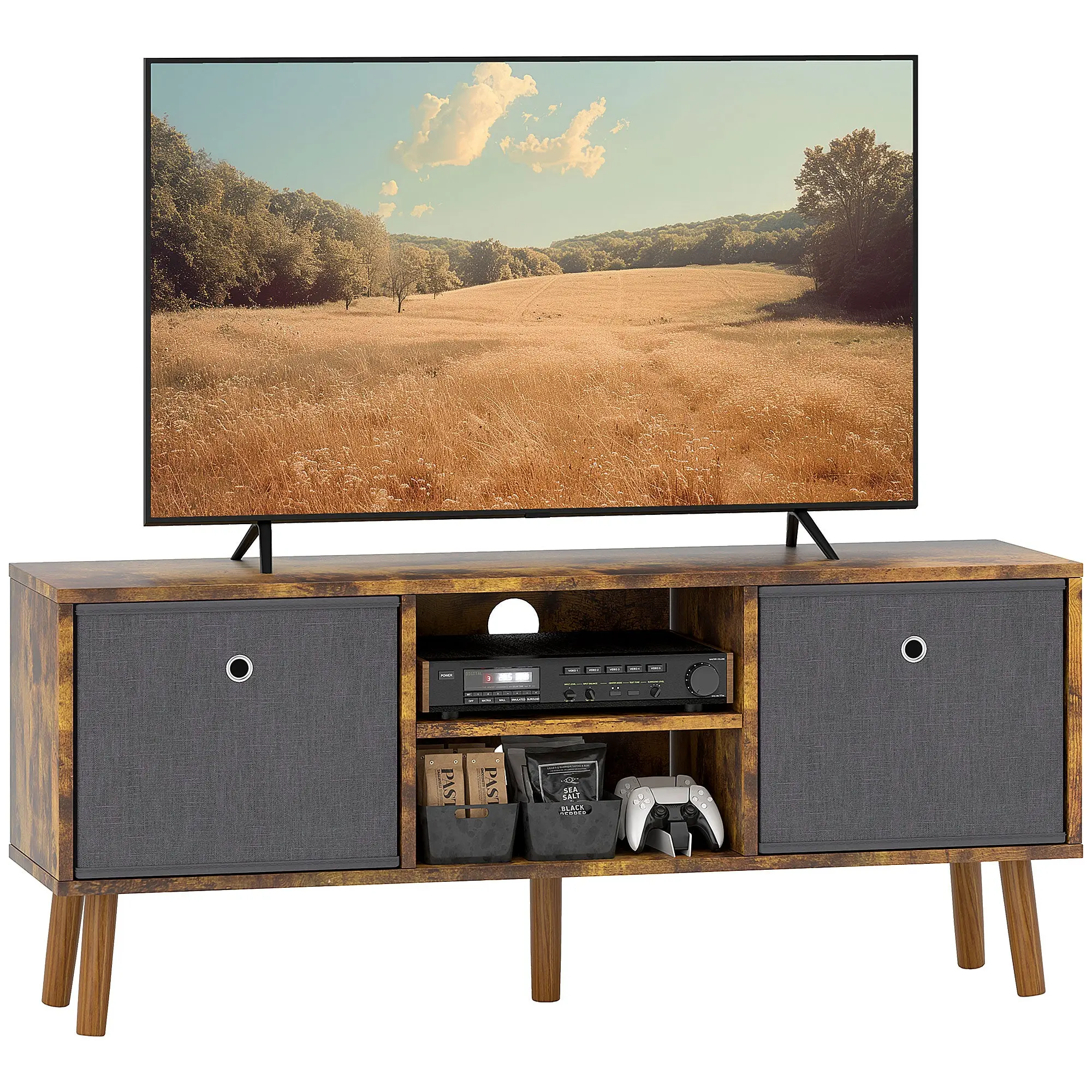 TV Stand for TVs up to 50" with Foldable Drawers & Shelves, Rustic Brown