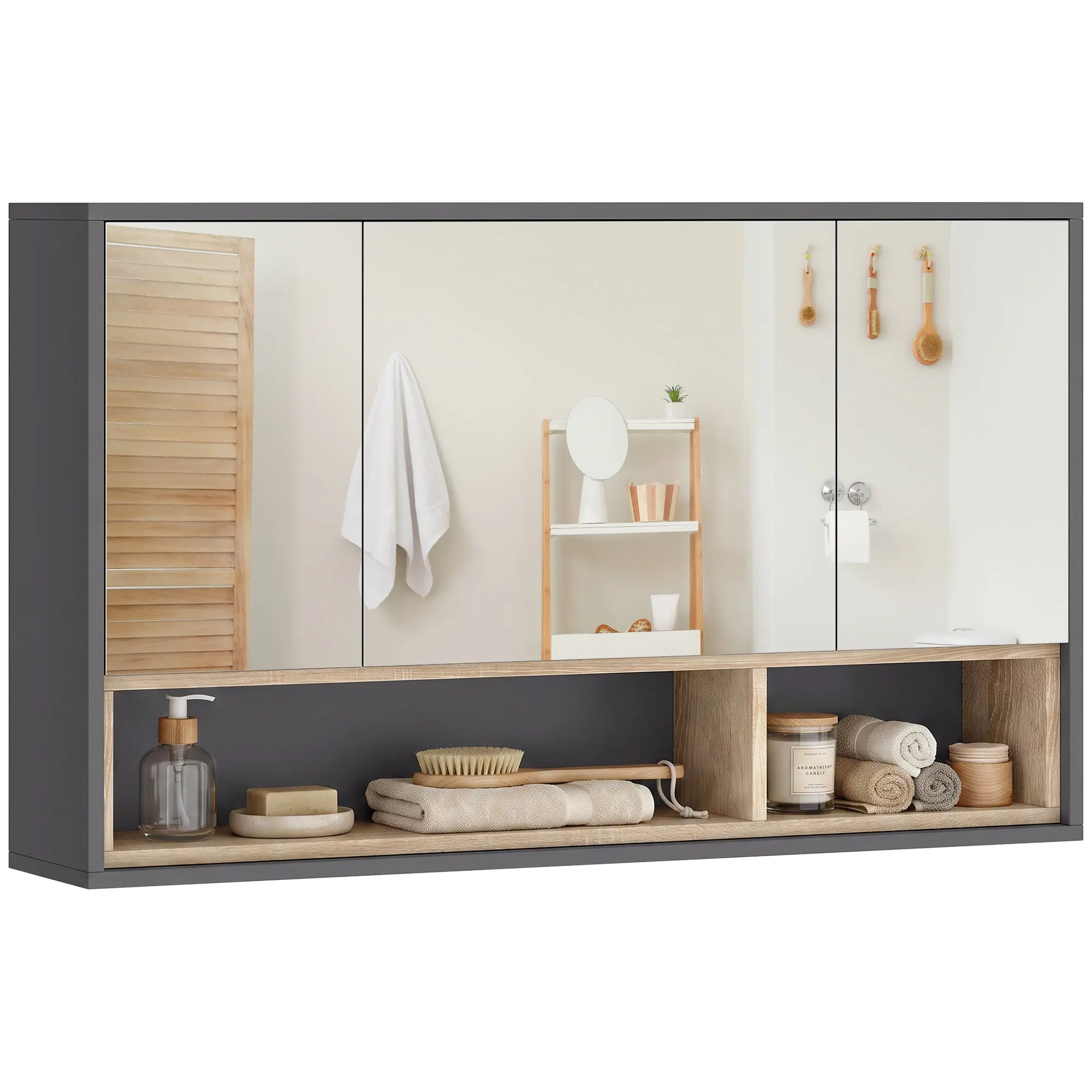 Wall Mounted Medicine Cabinet with 3 Doors, Mirror and Shelves, Grey