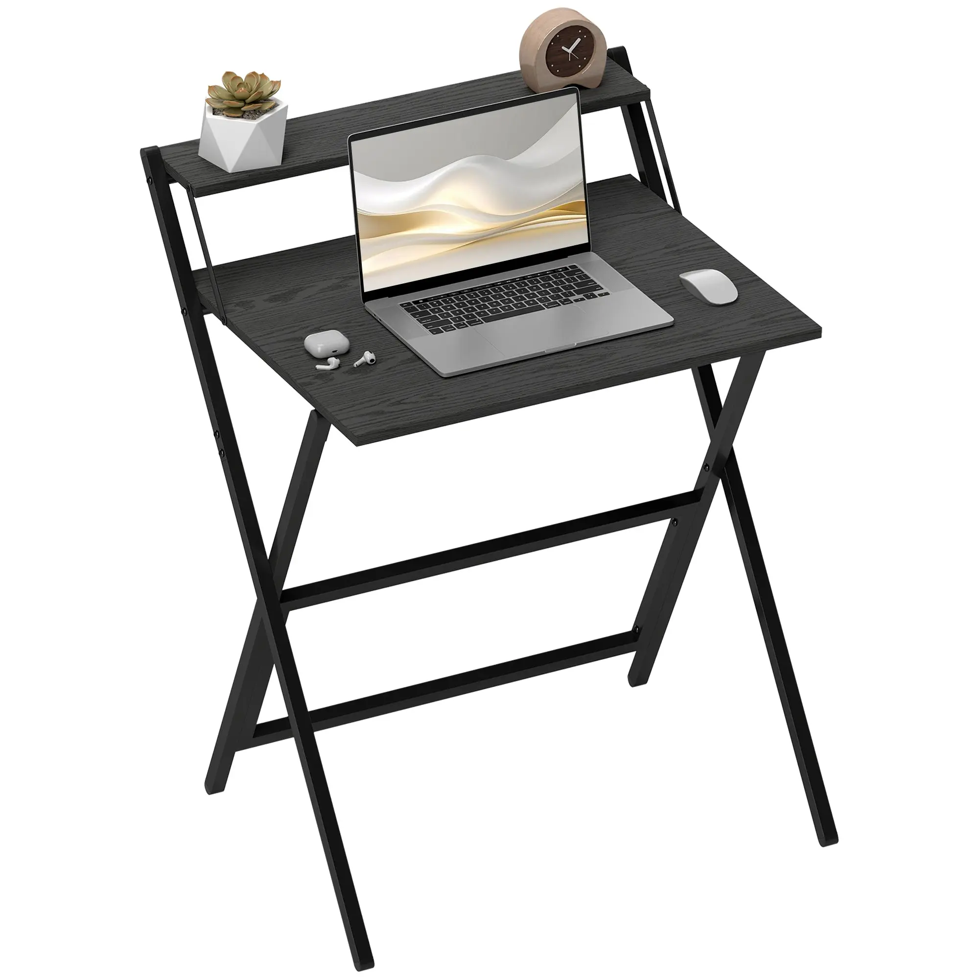 70 cm Folding Desk with Monitor Shelf for Small Spaces, Computer Table, Black