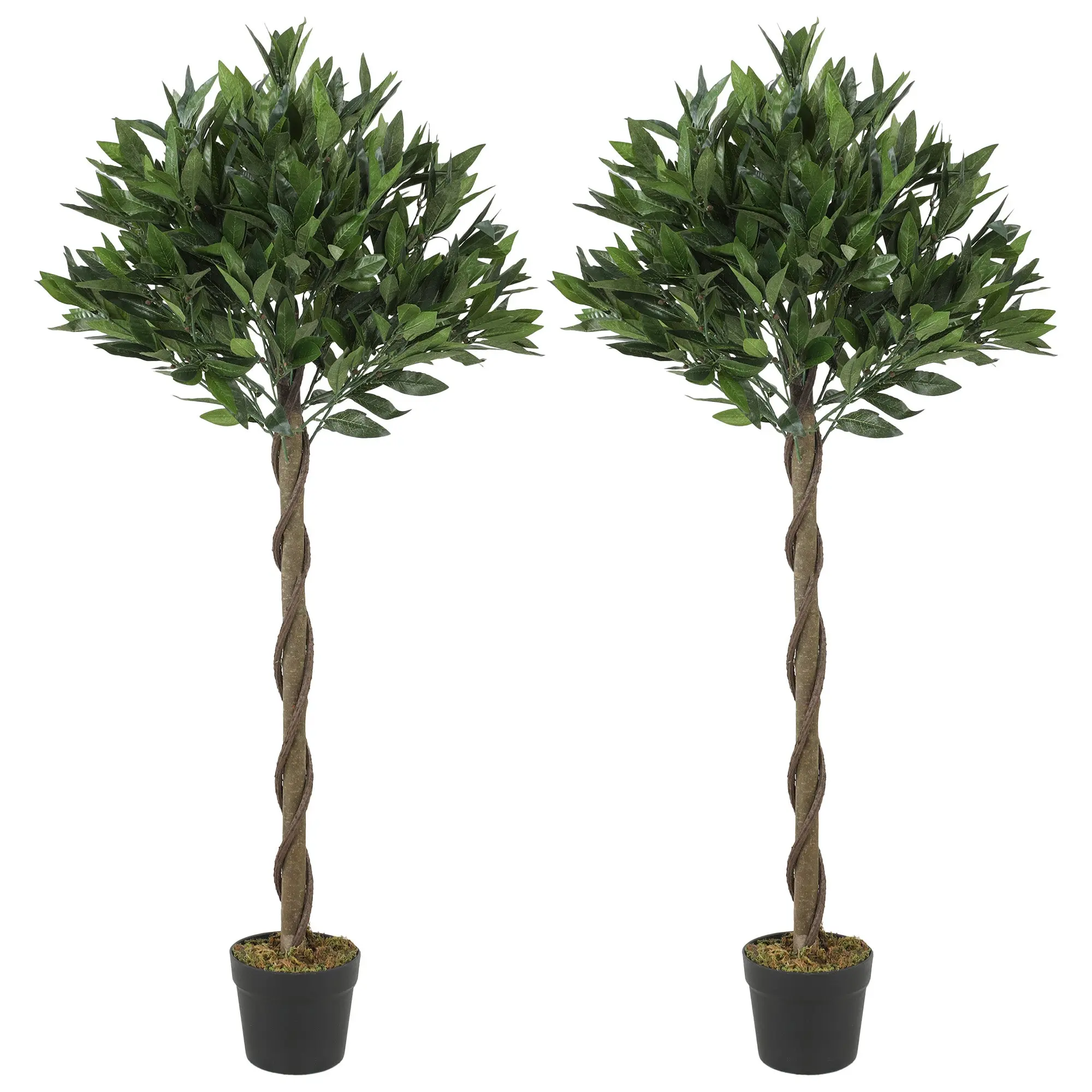 120cm Artificial Bay Laurel Topiary Tree with Twisted Trunk & Weighted Pot, Realistic Lush Green Indoor Decor Set of 2