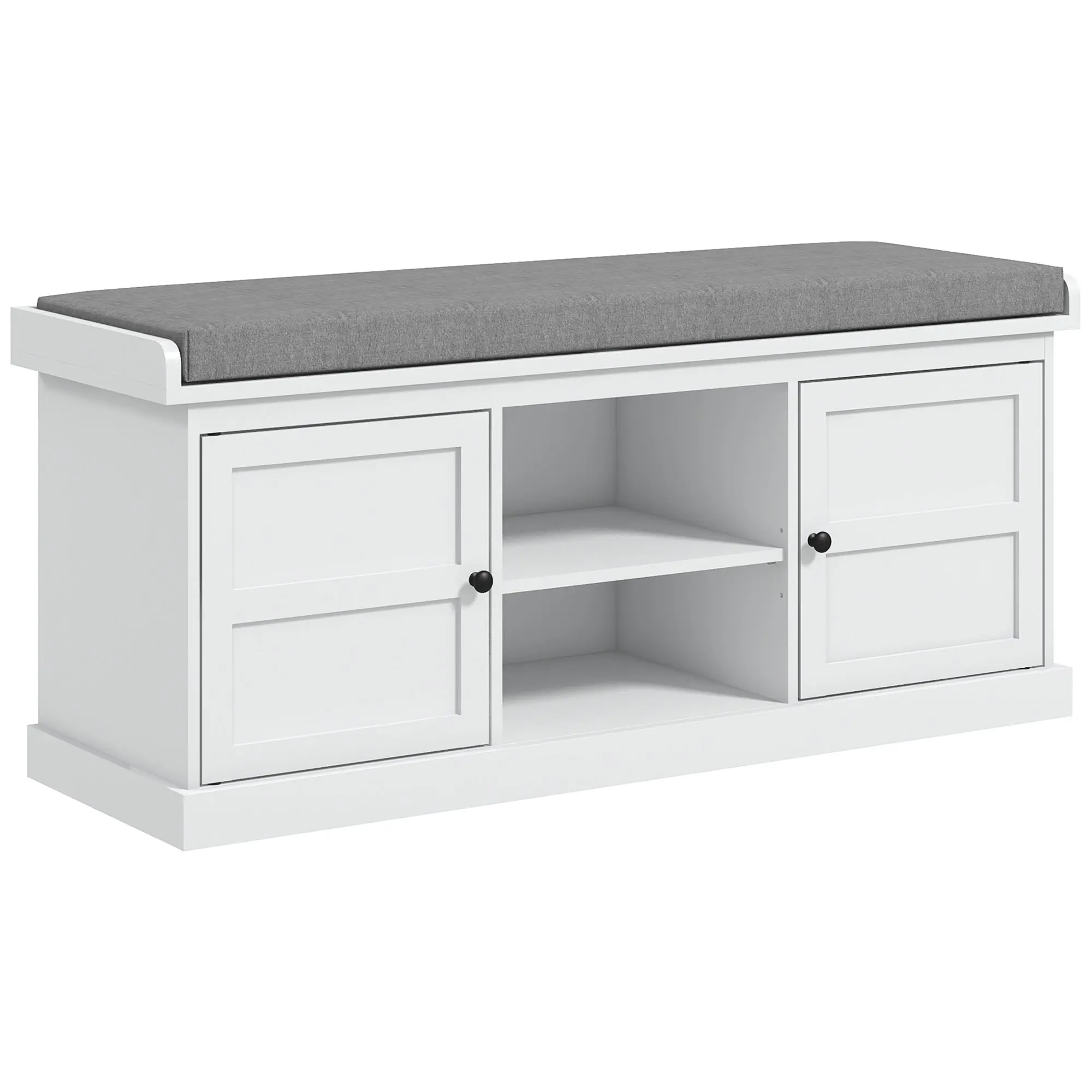 Shoe Storage Bench with Cushioned Seat, 2 Cabinets and Adjustable Shelf, White