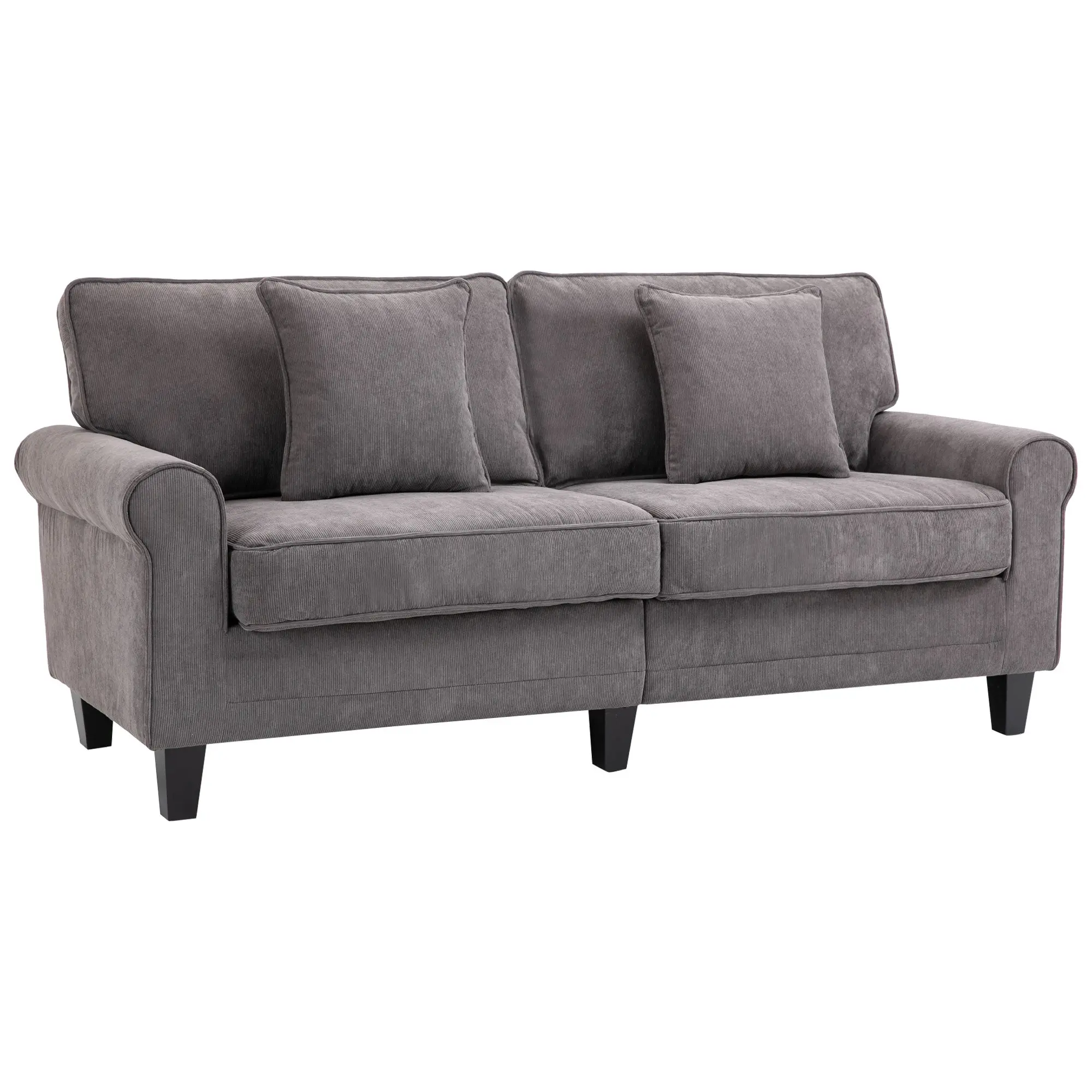 3-Seater Corduroy Sofa with Pine Wood Legs & Pillows, Light Grey