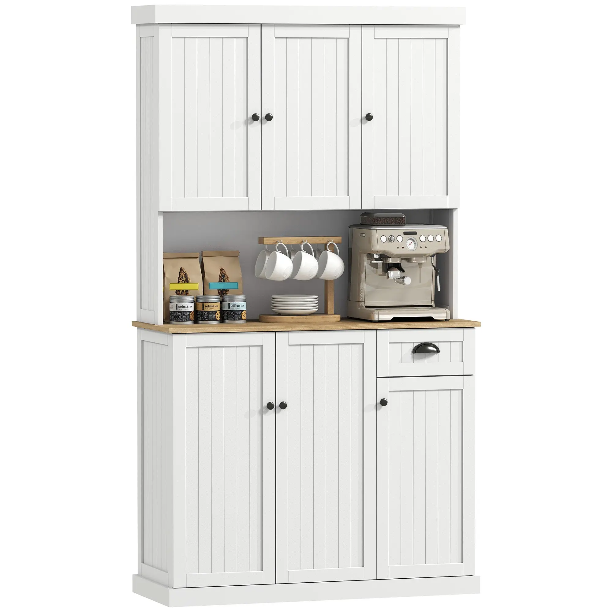 Modern Kitchen Cupboard with 6 Doors with Countertop, Drawer, Adjustable Shelves, White