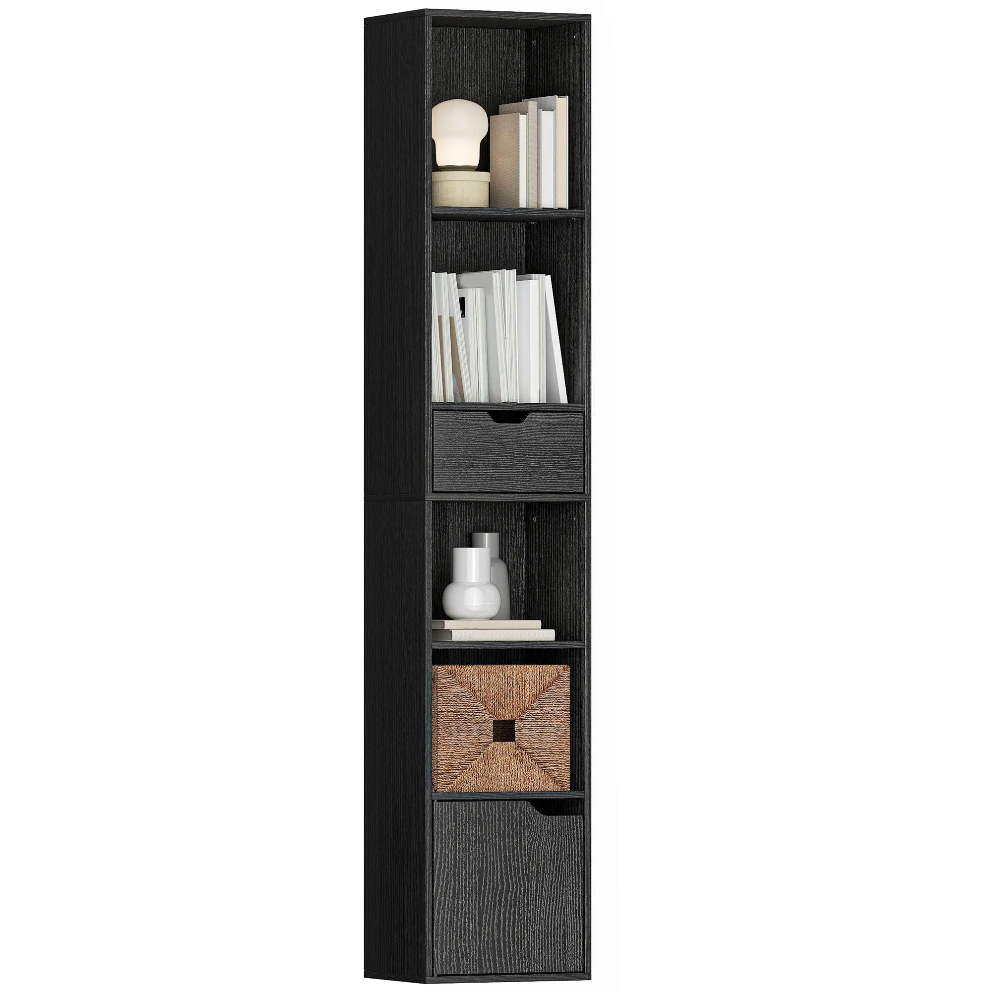 6-Tier Narrow Bookshelf with Drawer, Door and Adjustable Shelves, Black
