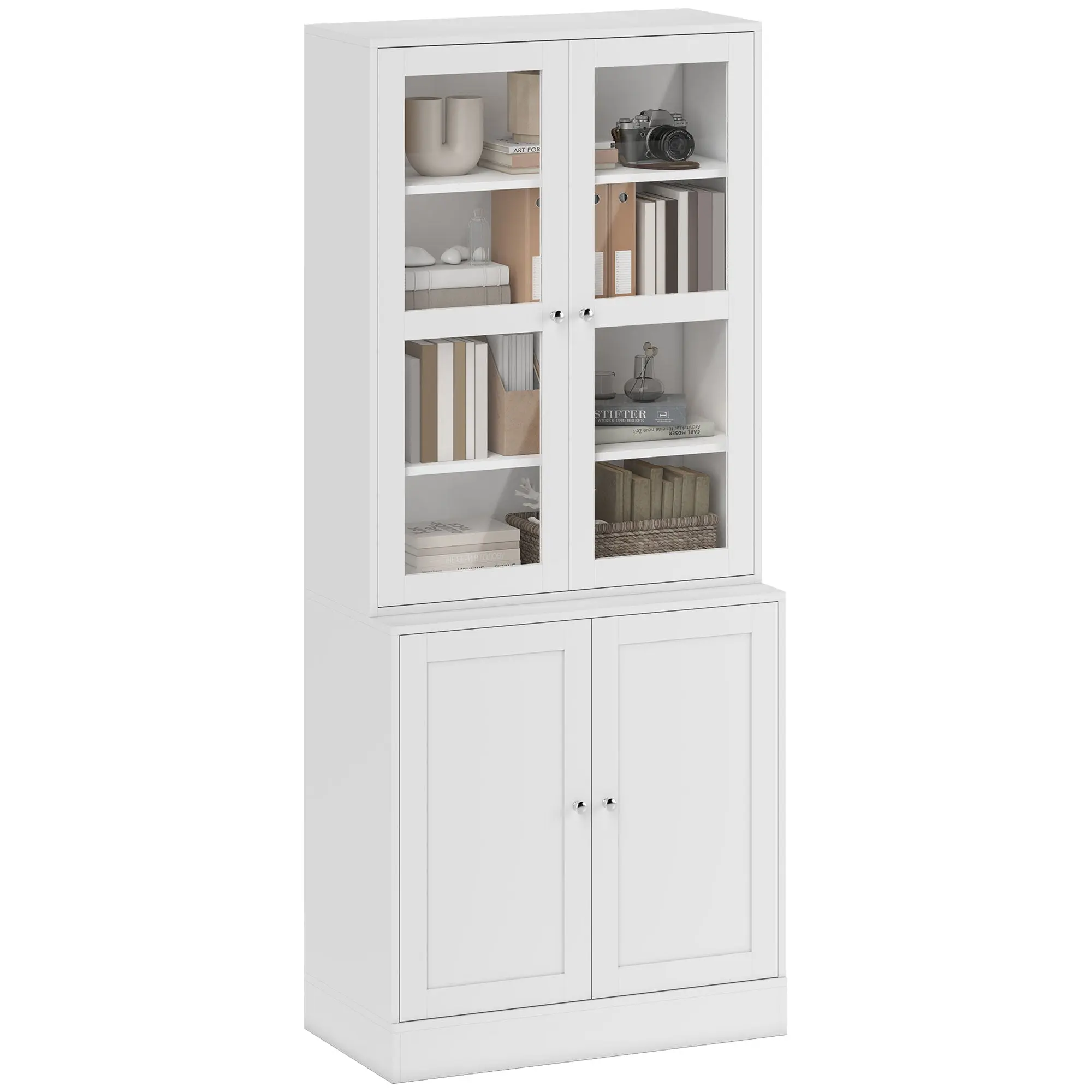 Modern Bookcase with Glass Doors, Display Storage Cabinet w/ Adjustable Shelves, White