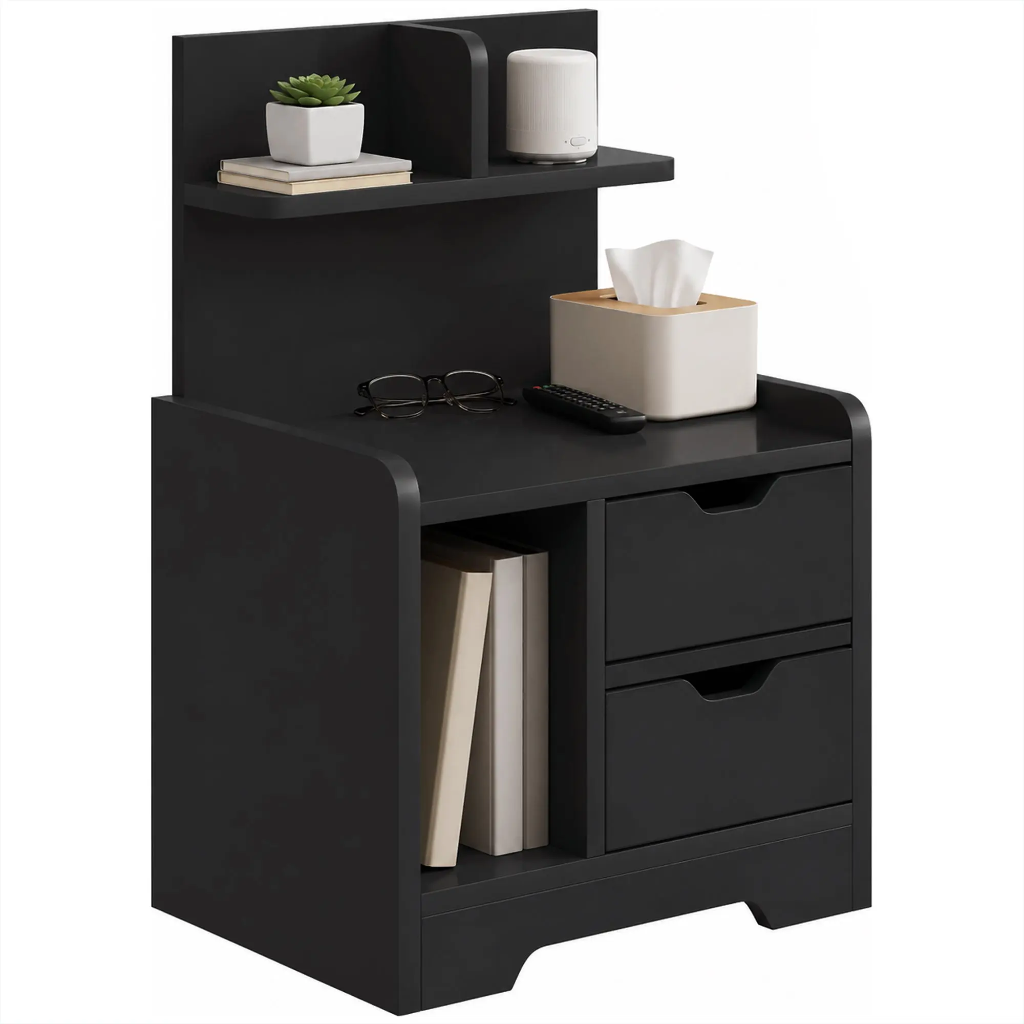 Small bedside table with 2 drawers and shelves, black wood effect nightstand
